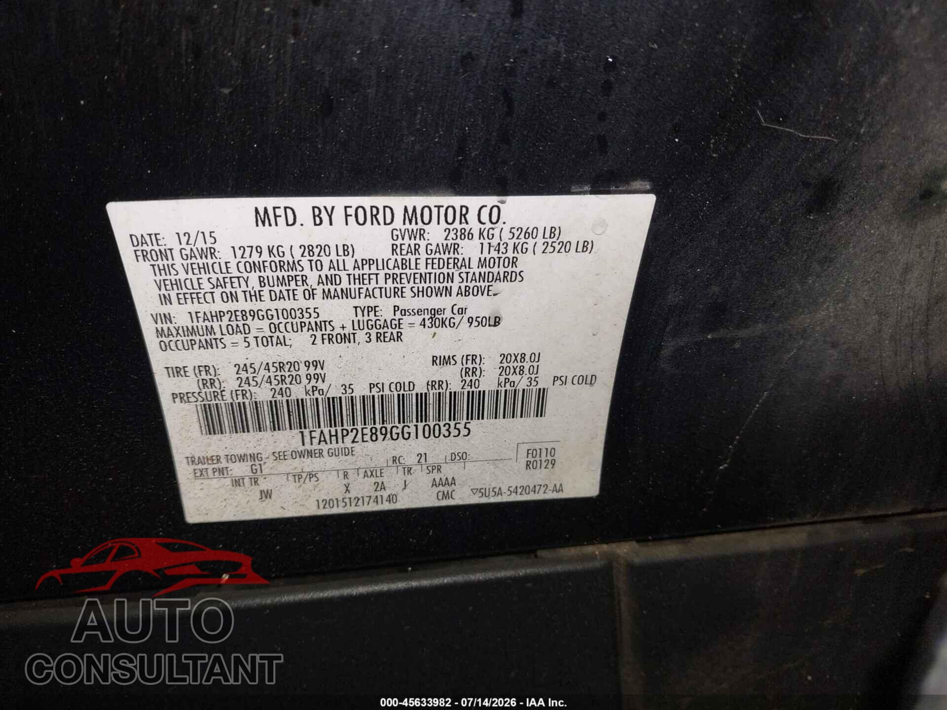 FORD TAURUS 2016 - 1FAHP2E89GG100355