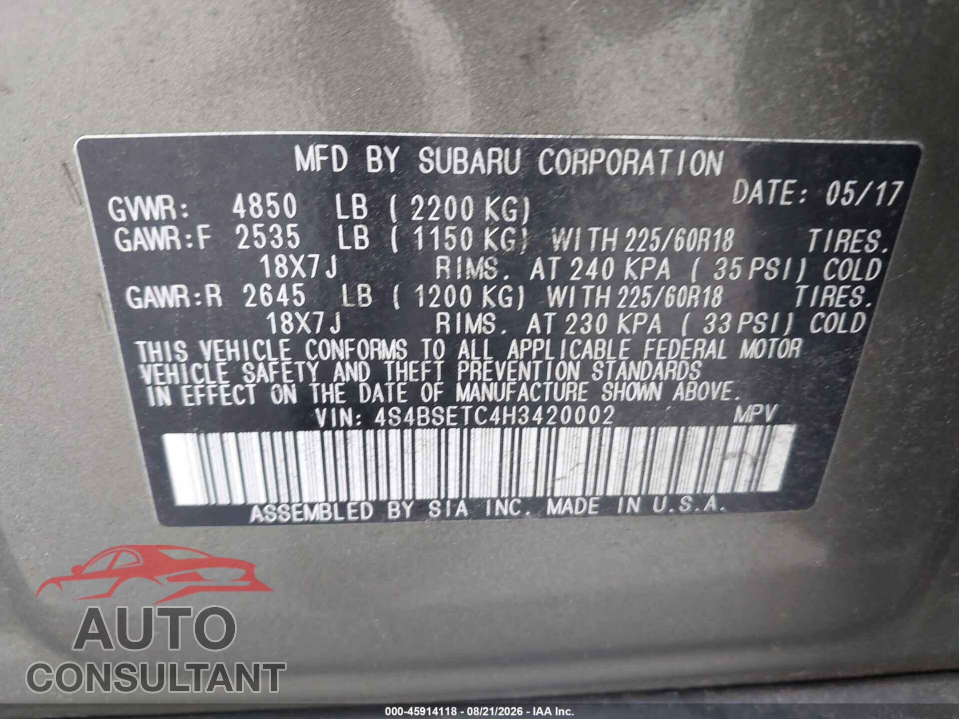 SUBARU OUTBACK 2017 - 4S4BSETC4H3420002