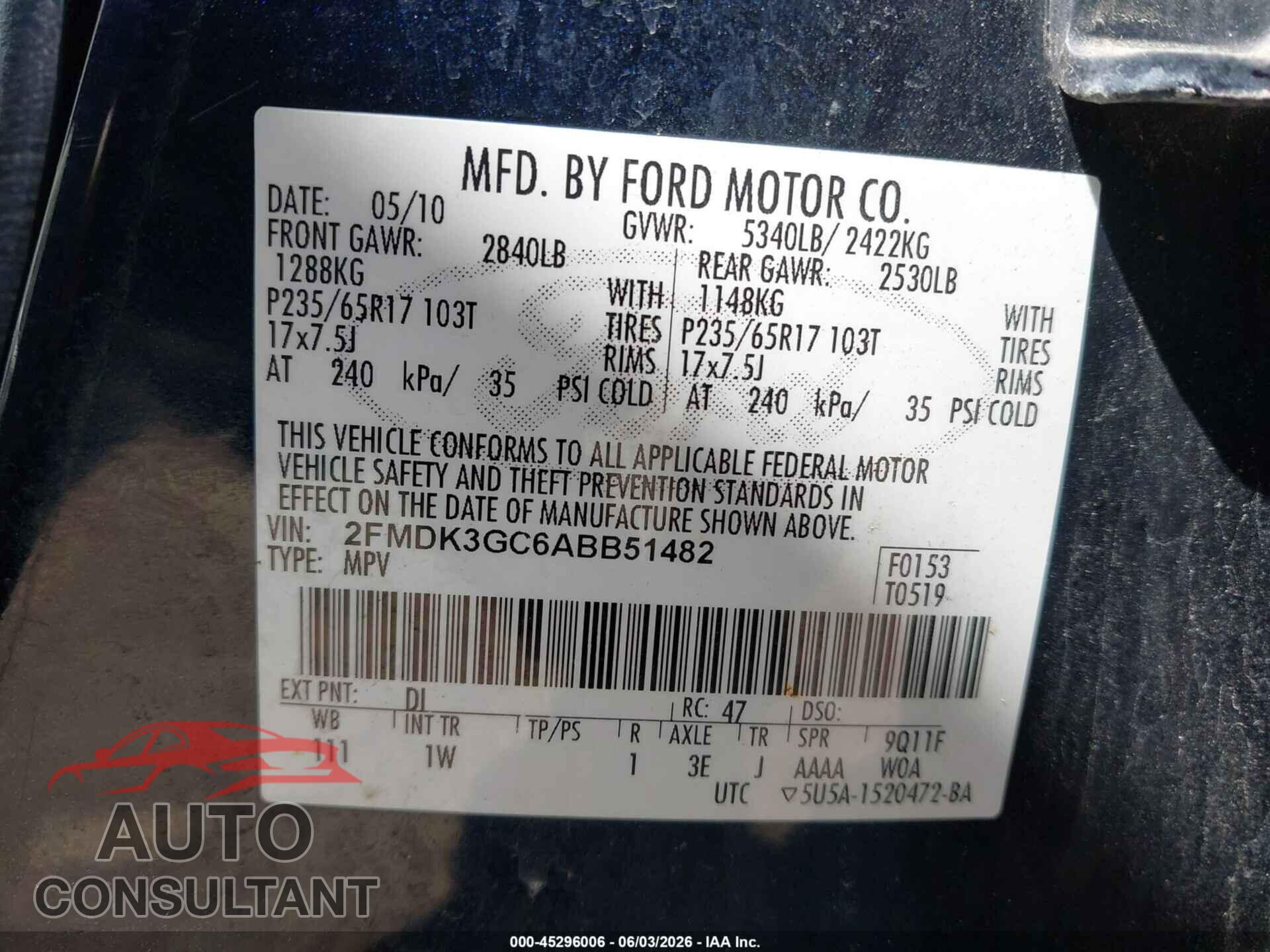 FORD EDGE 2010 - 2FMDK3GC6ABB51482