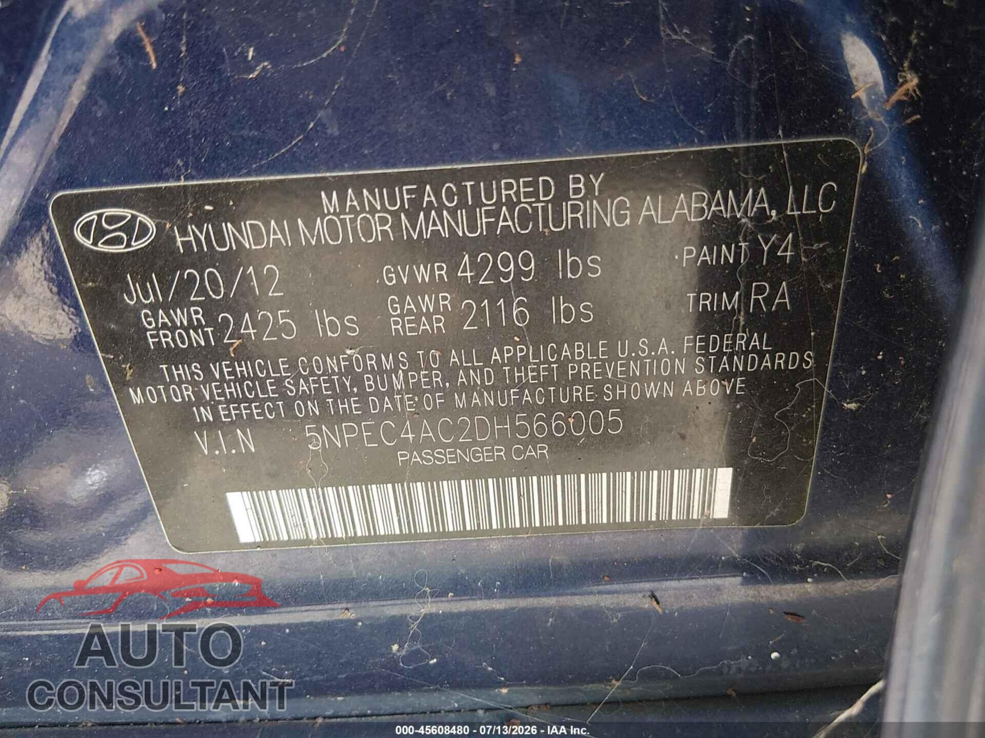 HYUNDAI SONATA 2013 - 5NPEC4AC2DH566005