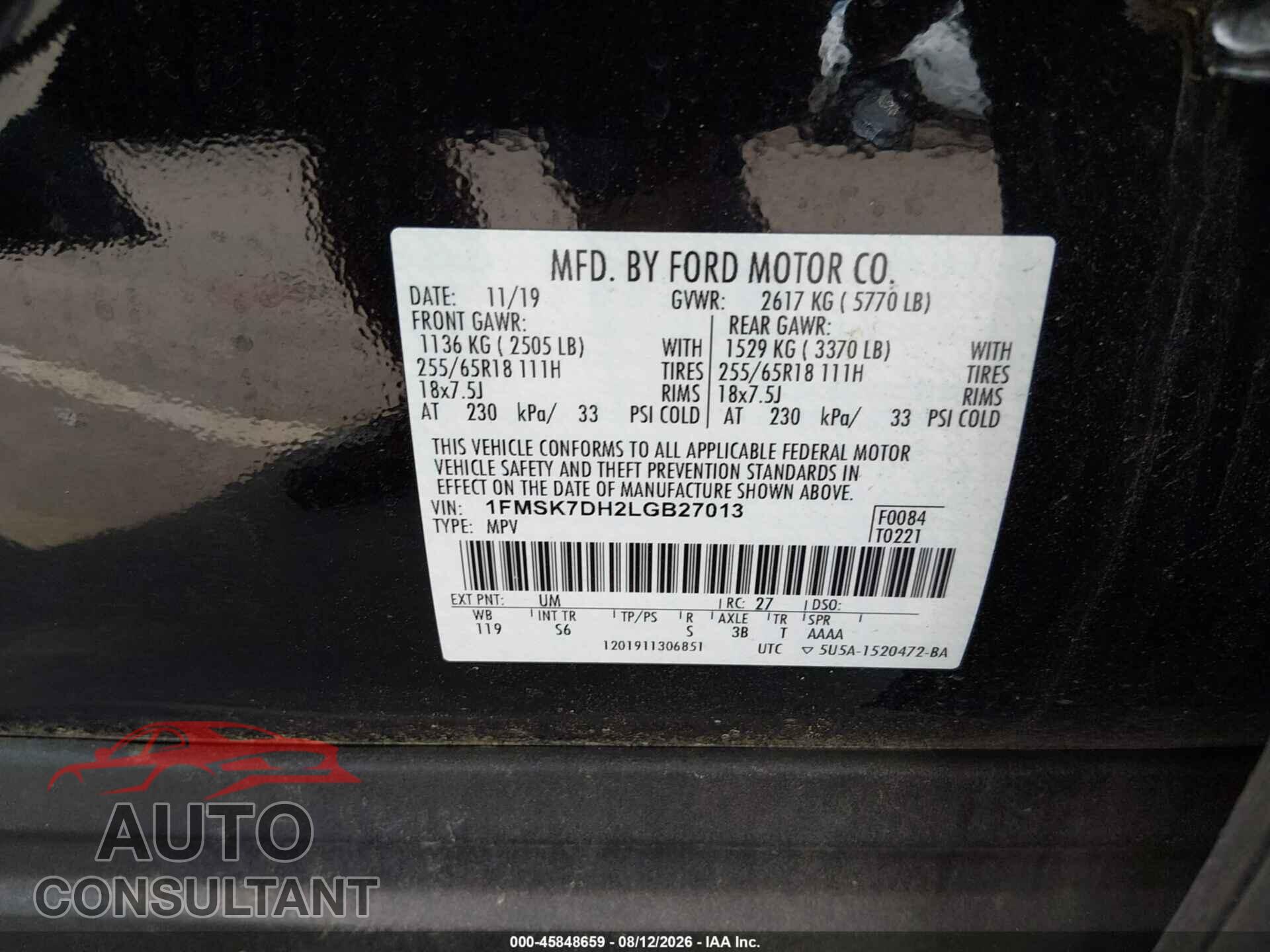 FORD EXPLORER 2020 - 1FMSK7DH2LGB27013