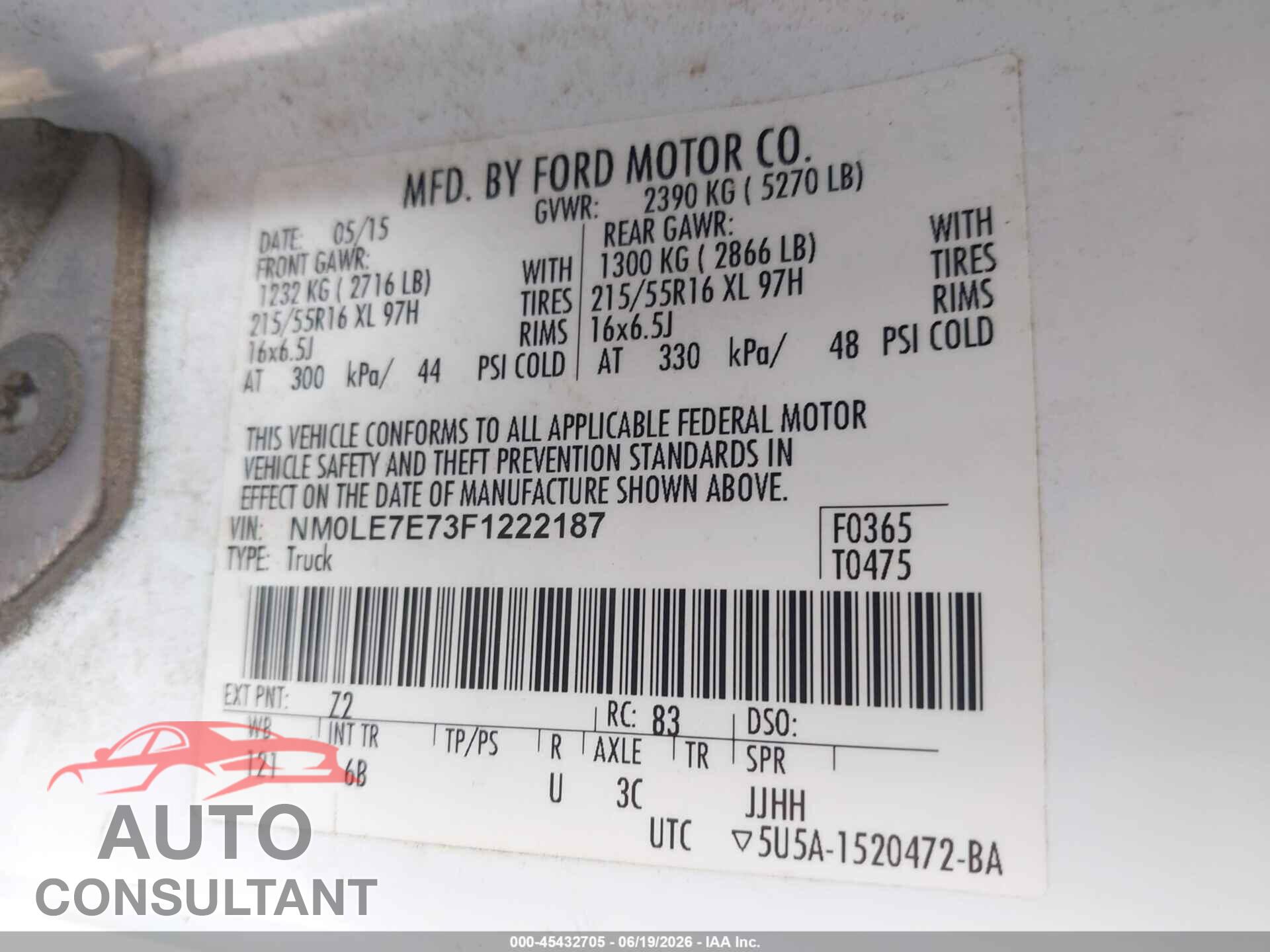 FORD TRANSIT CONNECT 2015 - NM0LE7E73F1222187