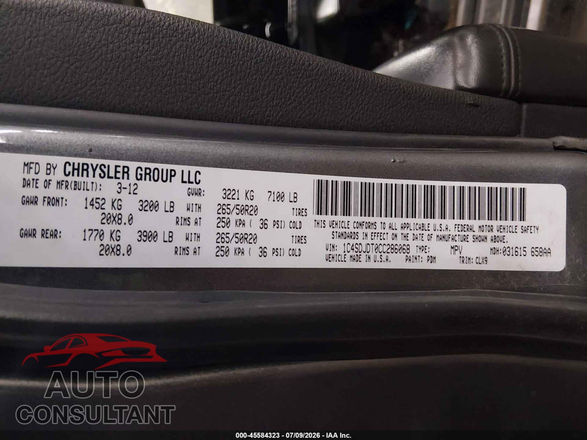 DODGE DURANGO 2012 - 1C4SDJDT0CC286068