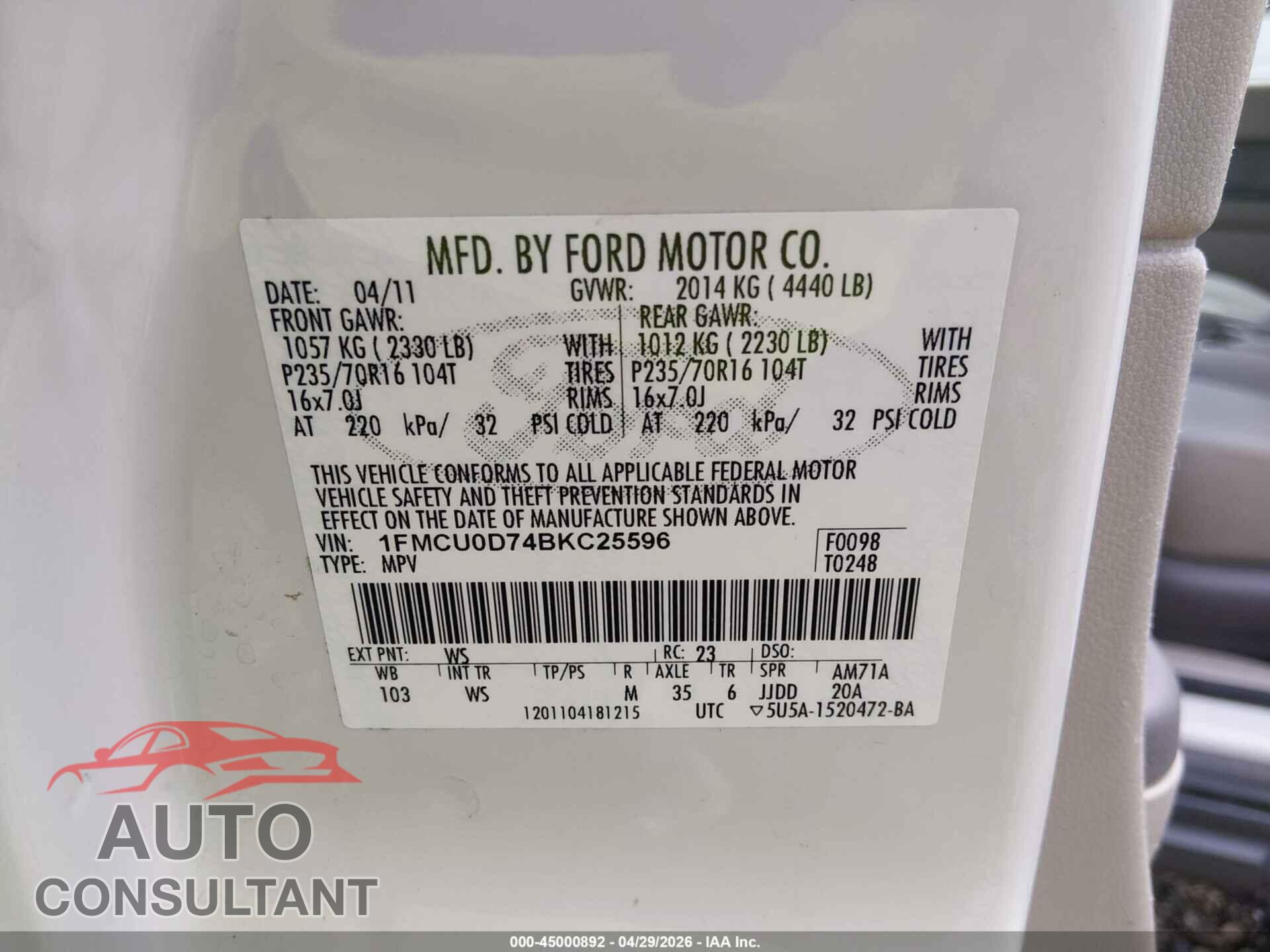 FORD ESCAPE 2011 - 1FMCU0D74BKC25596