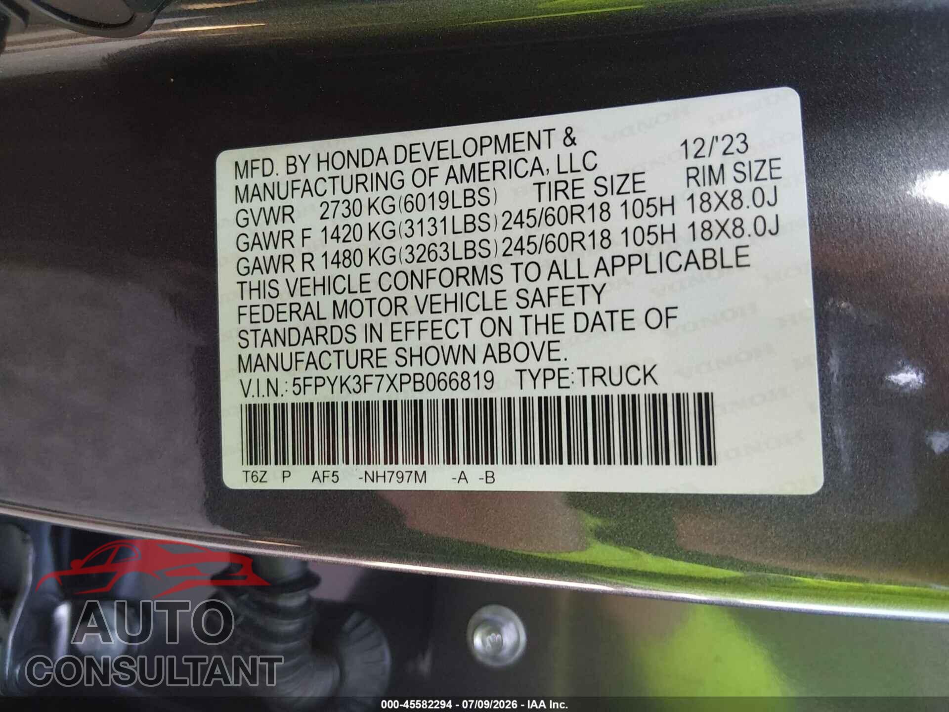 HONDA RIDGELINE 2023 - 5FPYK3F7XPB066819