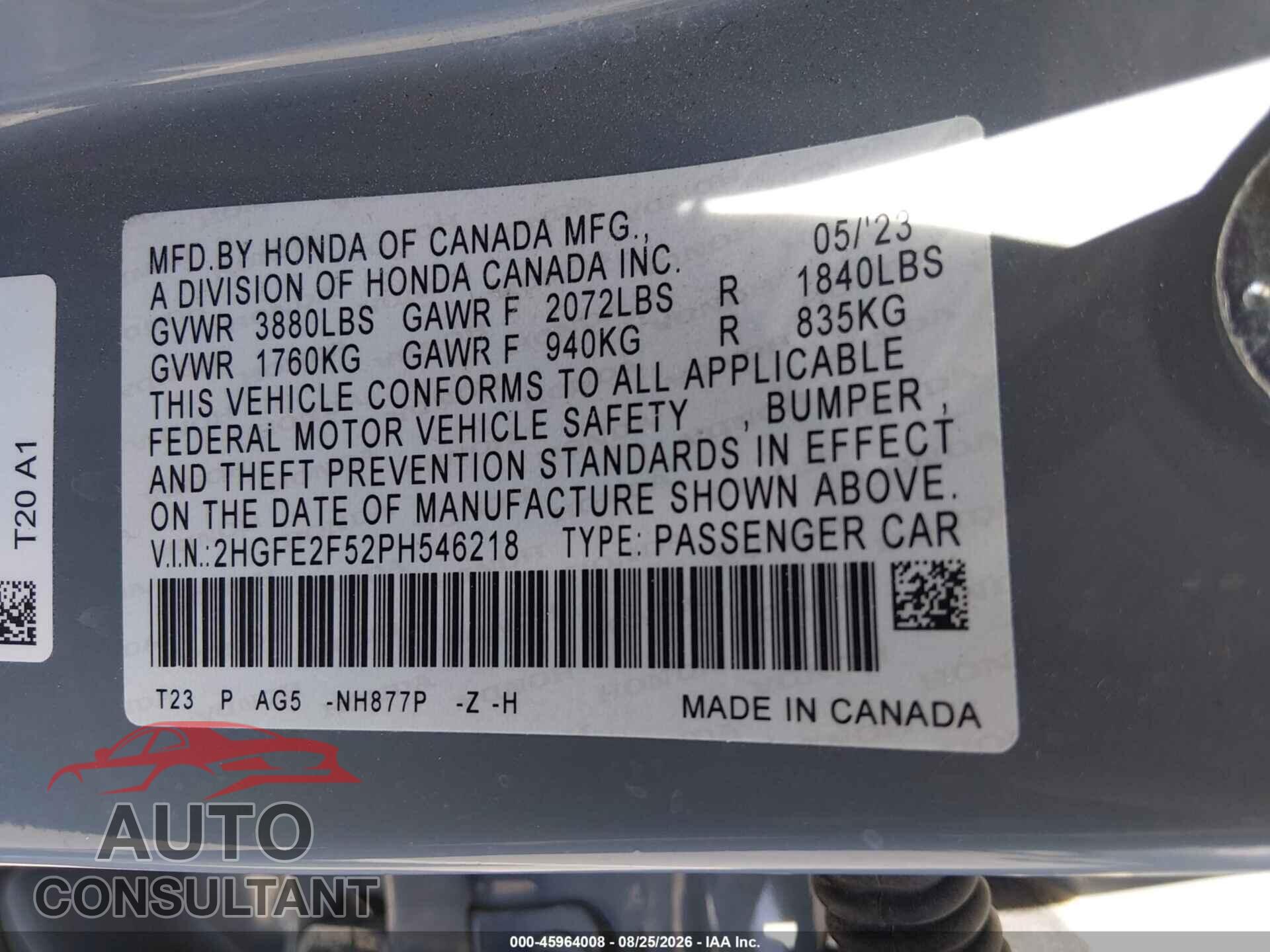 HONDA CIVIC 2023 - 2HGFE2F52PH546218
