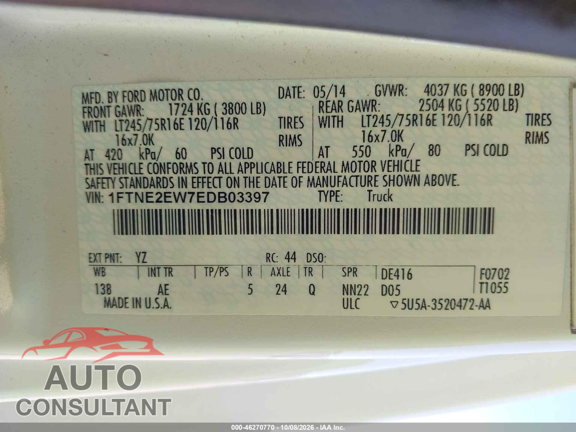 FORD E-250 2014 - 1FTNE2EW7EDB03397