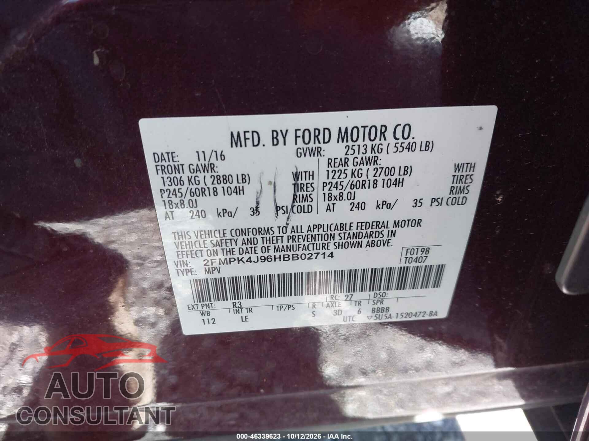 FORD EDGE 2017 - 2FMPK4J96HBB02714