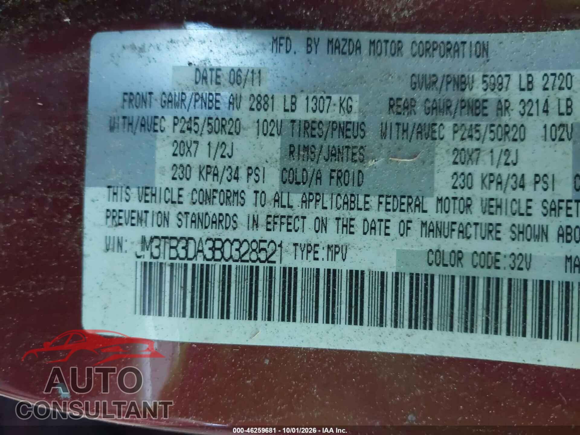 MAZDA CX-9 2011 - JM3TB3DA3B0328521