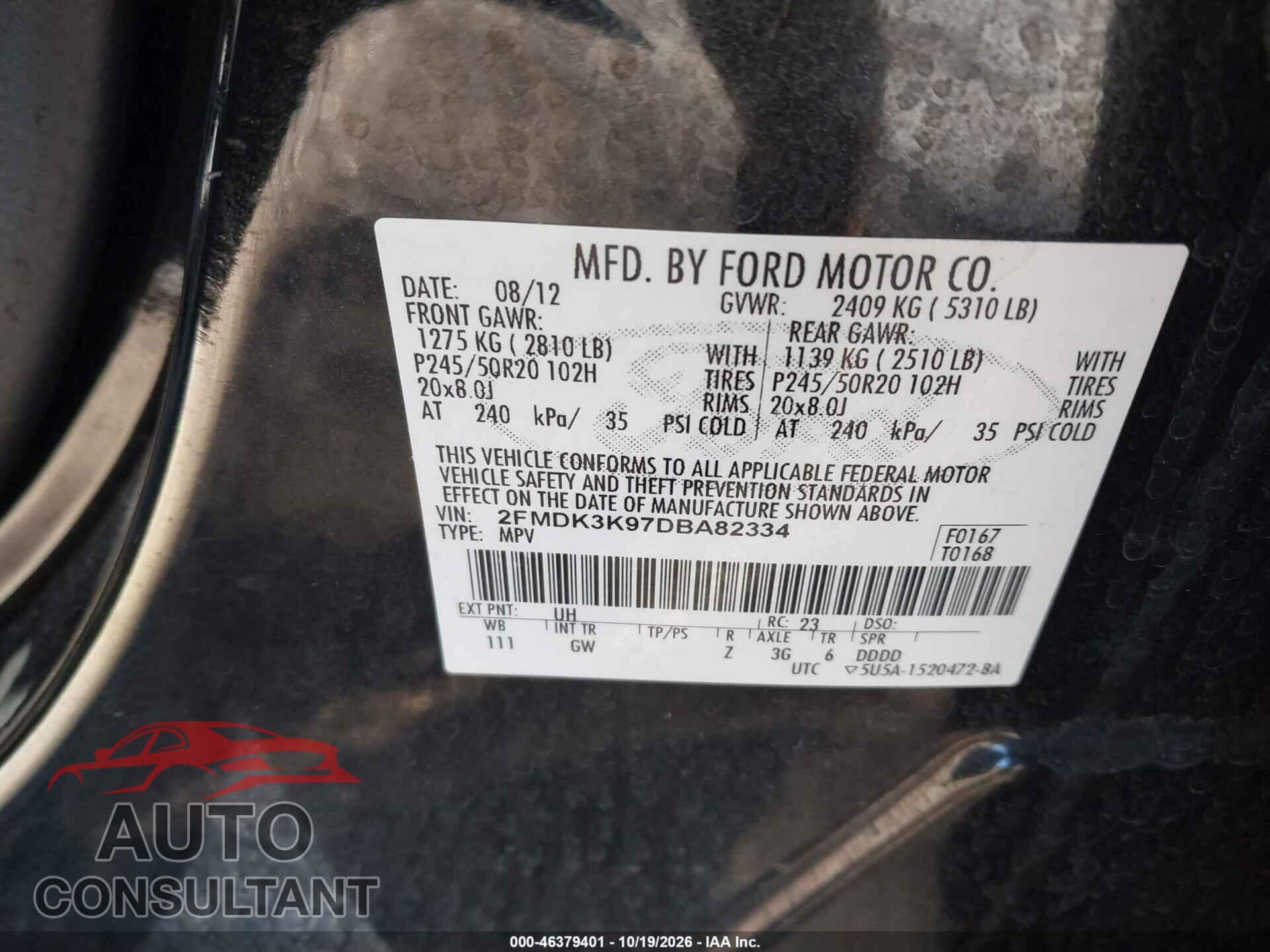FORD EDGE 2013 - 2FMDK3K97DBA82334