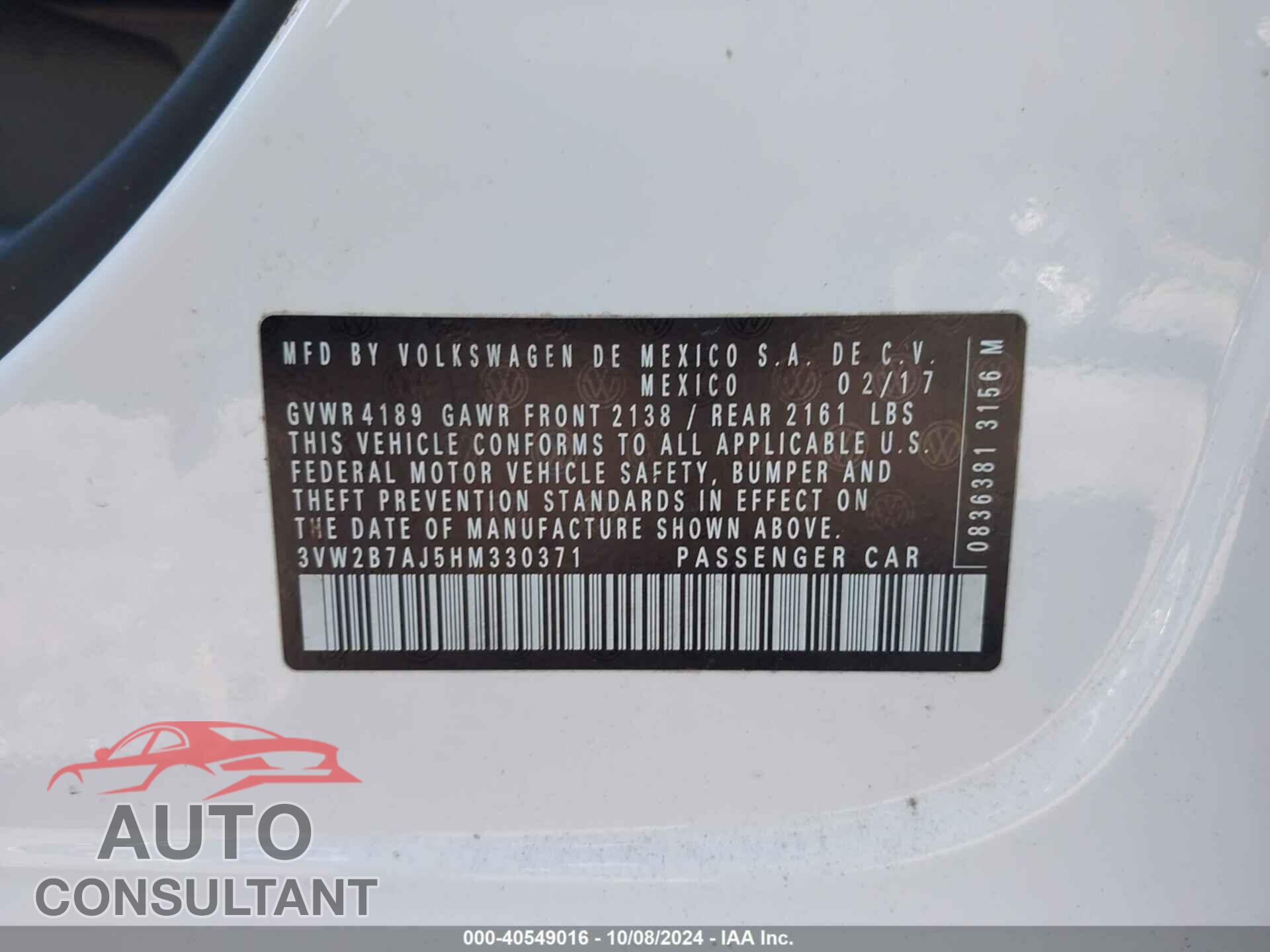 VOLKSWAGEN JETTA 2017 - 3VW2B7AJ5HM330371