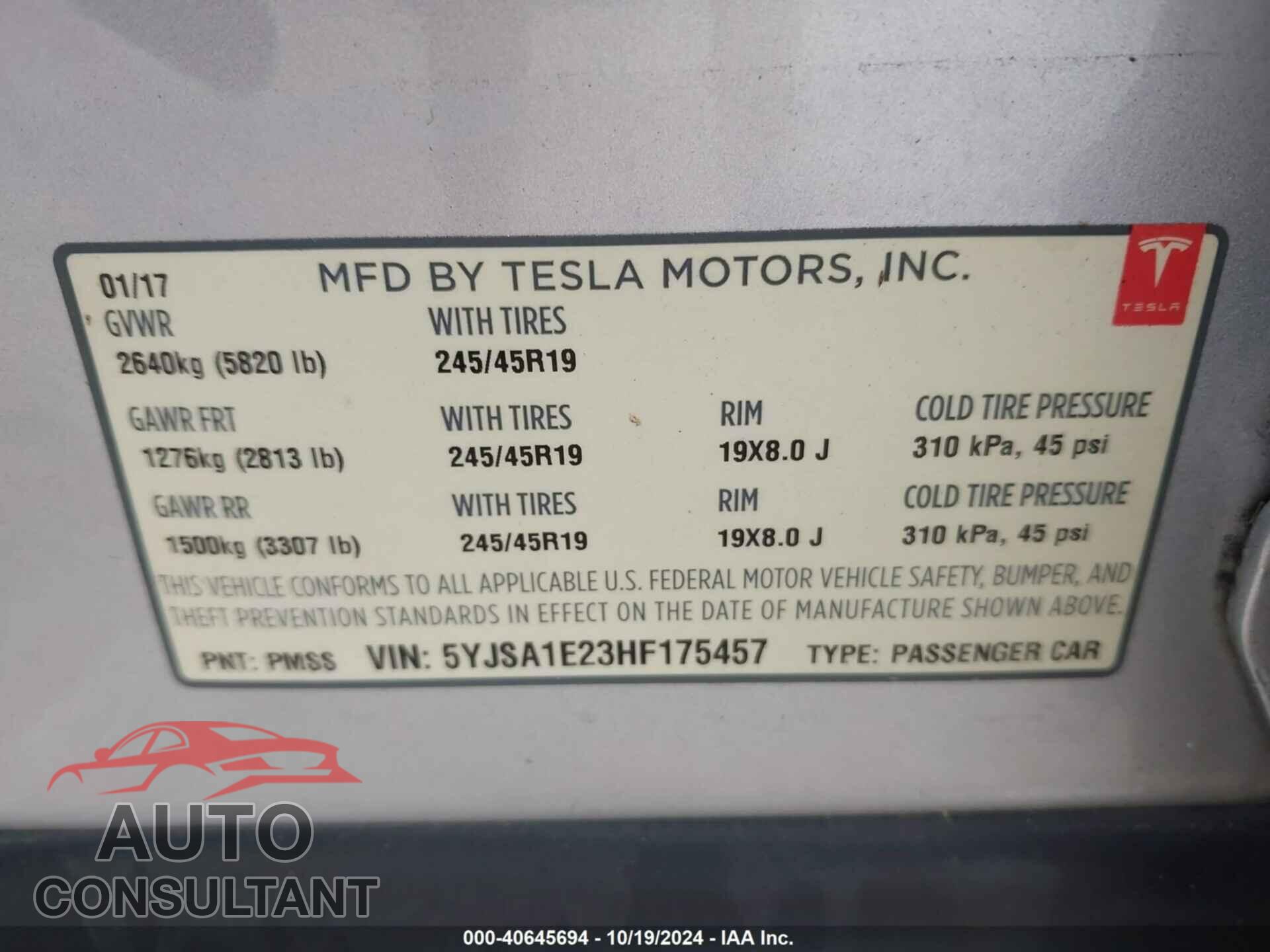 TESLA MODEL S 2017 - 5YJSA1E23HF175457