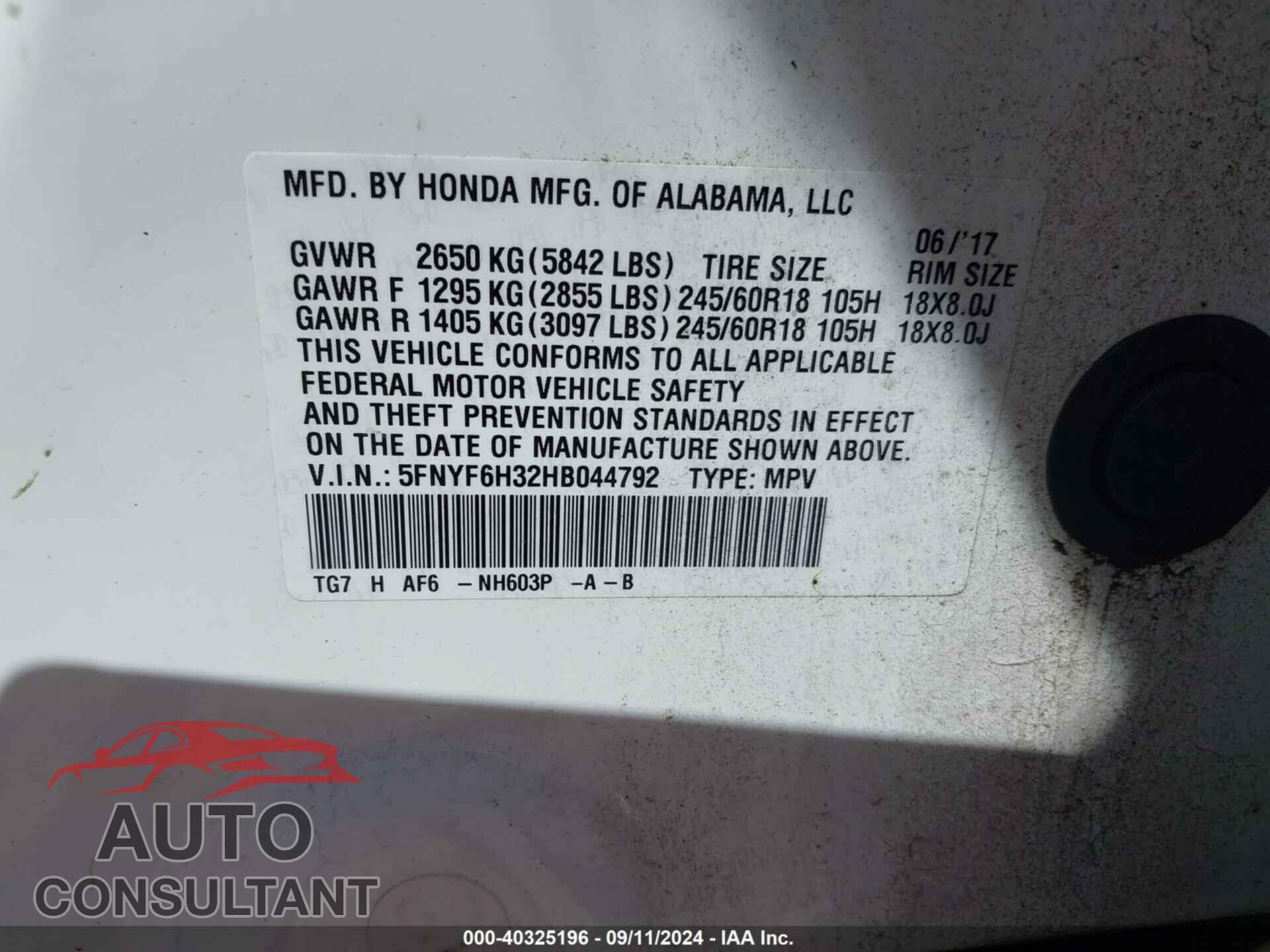 HONDA PILOT 2017 - 5FNYF6H32HB044792