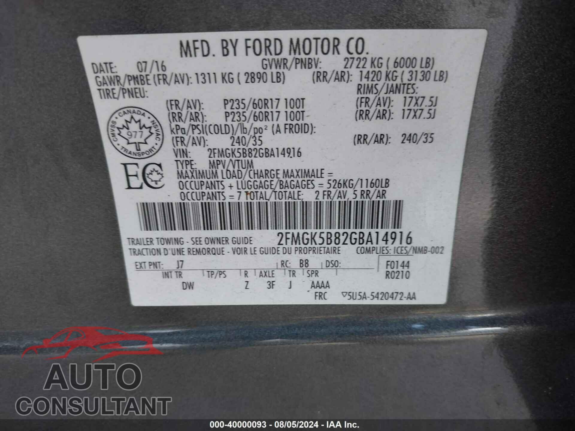 FORD FLEX 2016 - 2FMGK5B82GBA14916