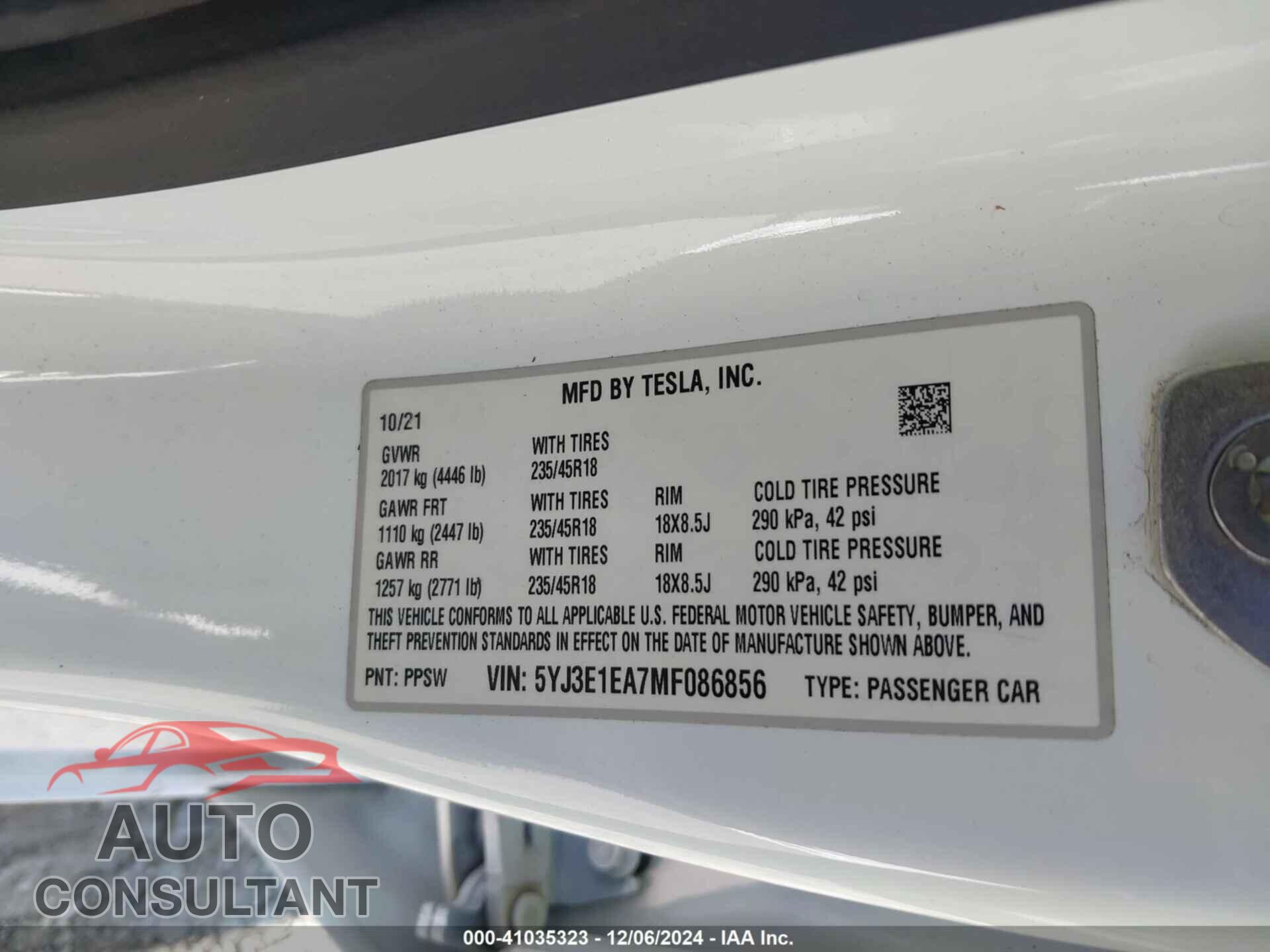 TESLA MODEL 3 2021 - 5YJ3E1EA7MF086856