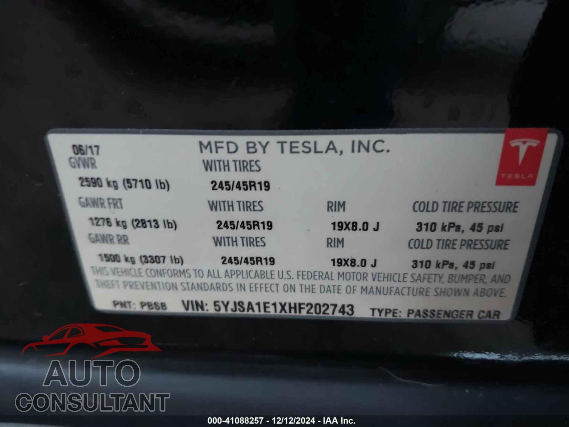 TESLA MODEL S 2017 - 5YJSA1E1XHF202743