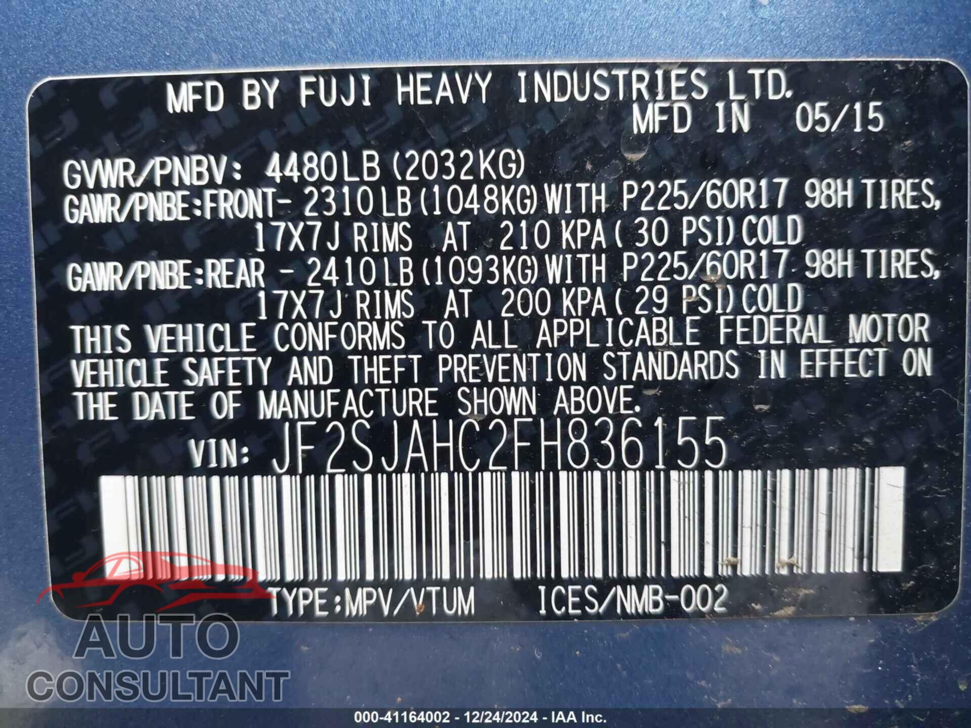 SUBARU FORESTER 2015 - JF2SJAHC2FH836155