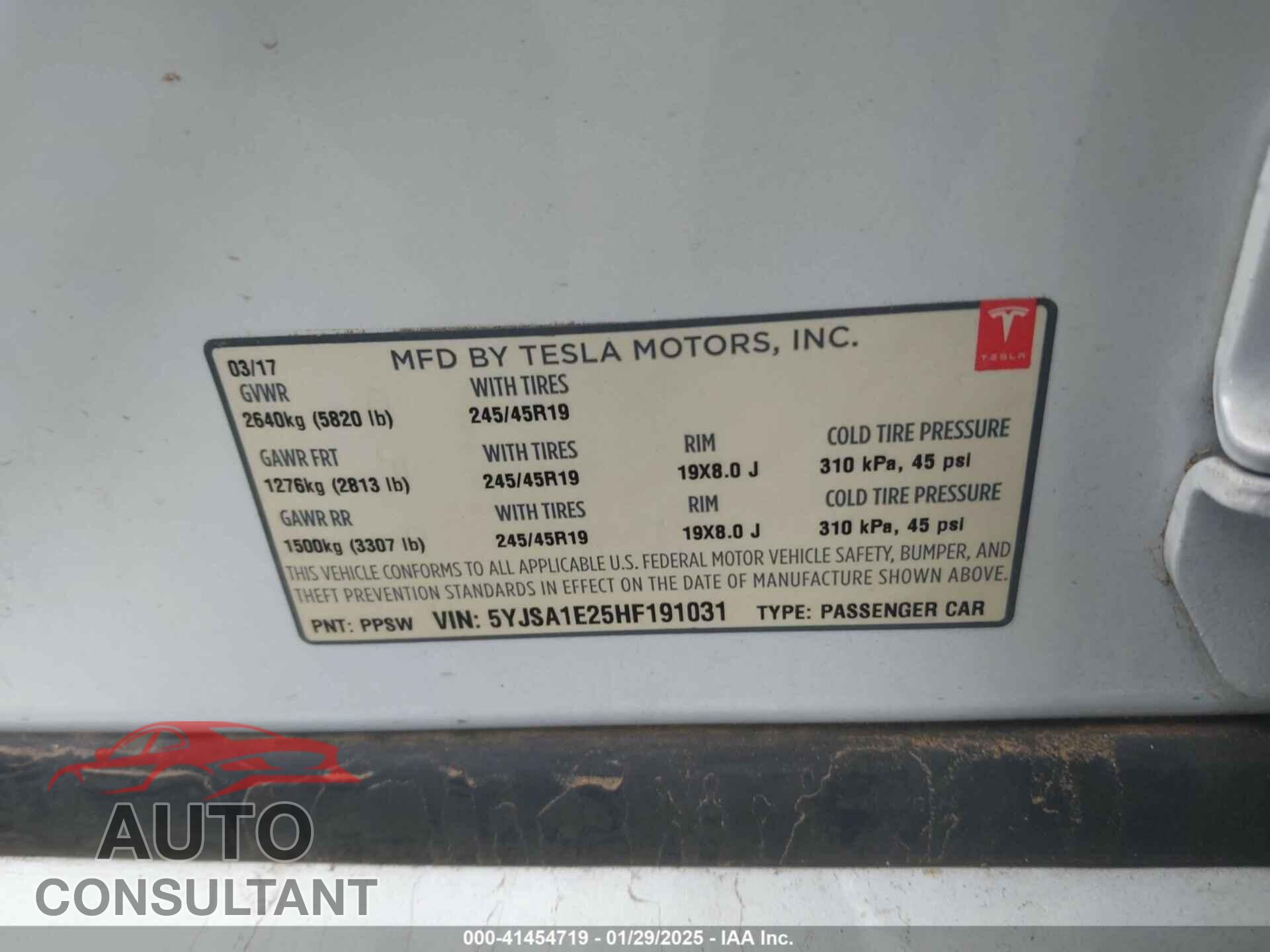 TESLA MODEL S 2017 - 5YJSA1E25HF191031
