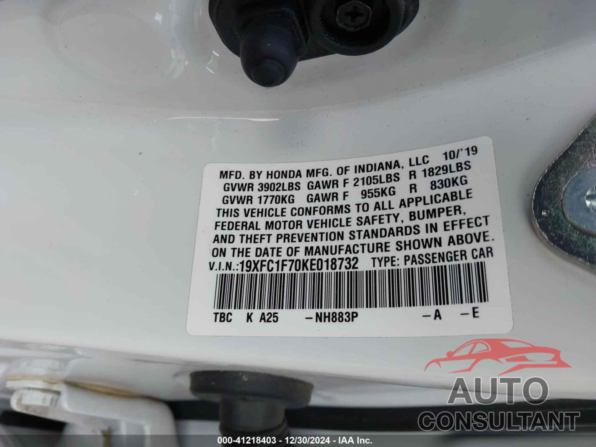 HONDA CIVIC 2019 - 19XFC1F70KE018732