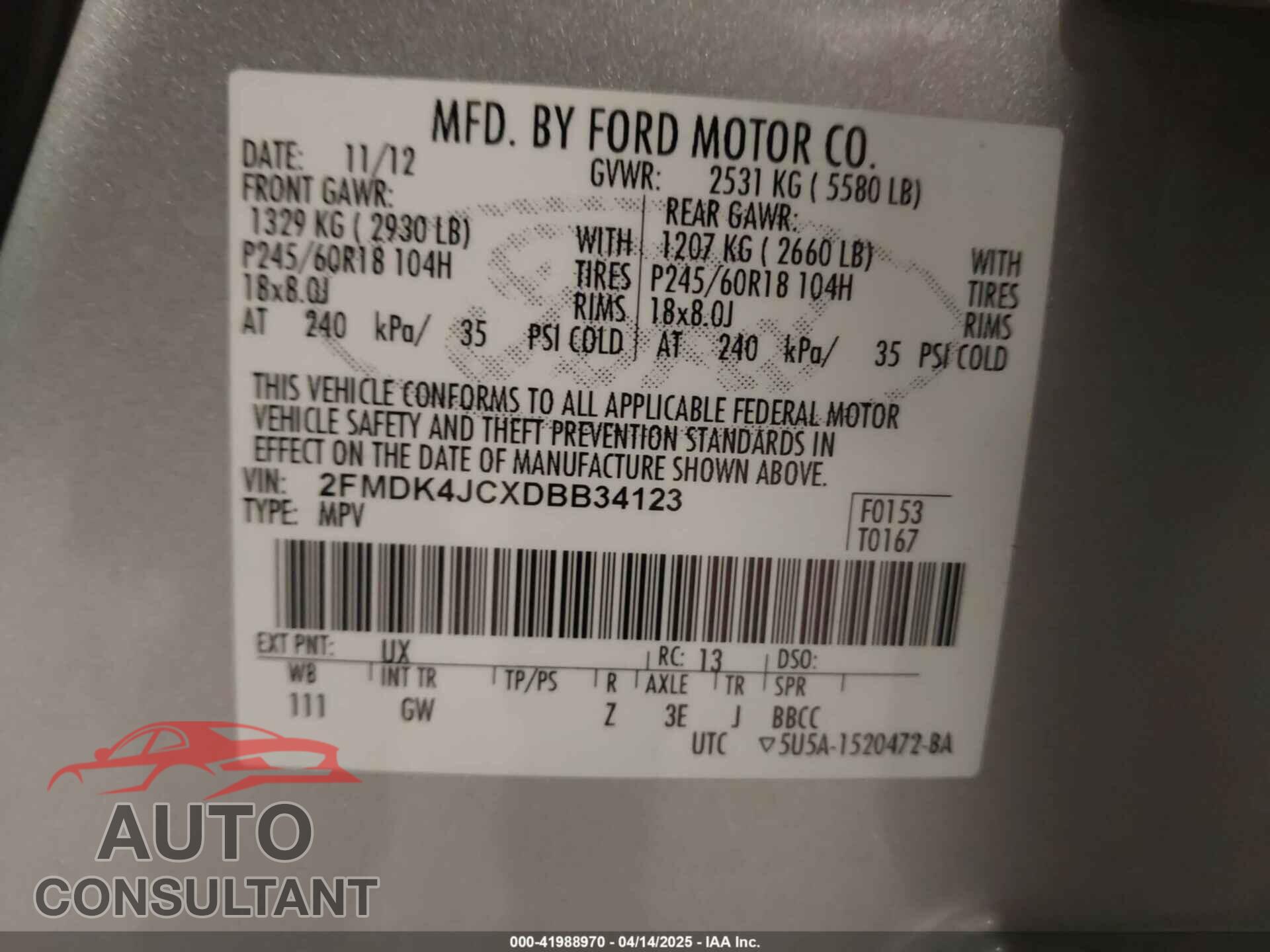 FORD EDGE 2013 - 2FMDK4JCXDBB34123