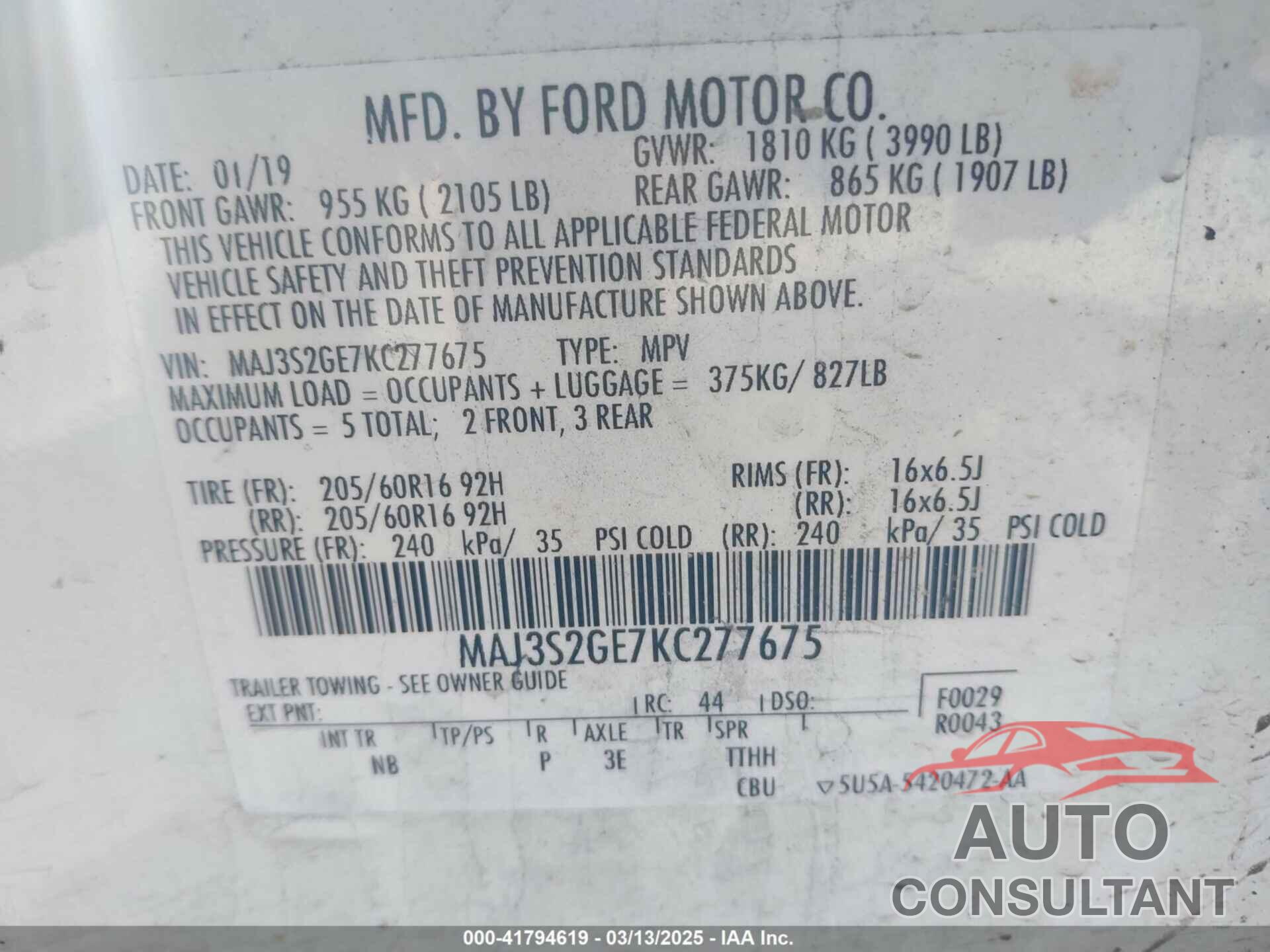 FORD ECOSPORT 2019 - MAJ3S2GE7KC277675
