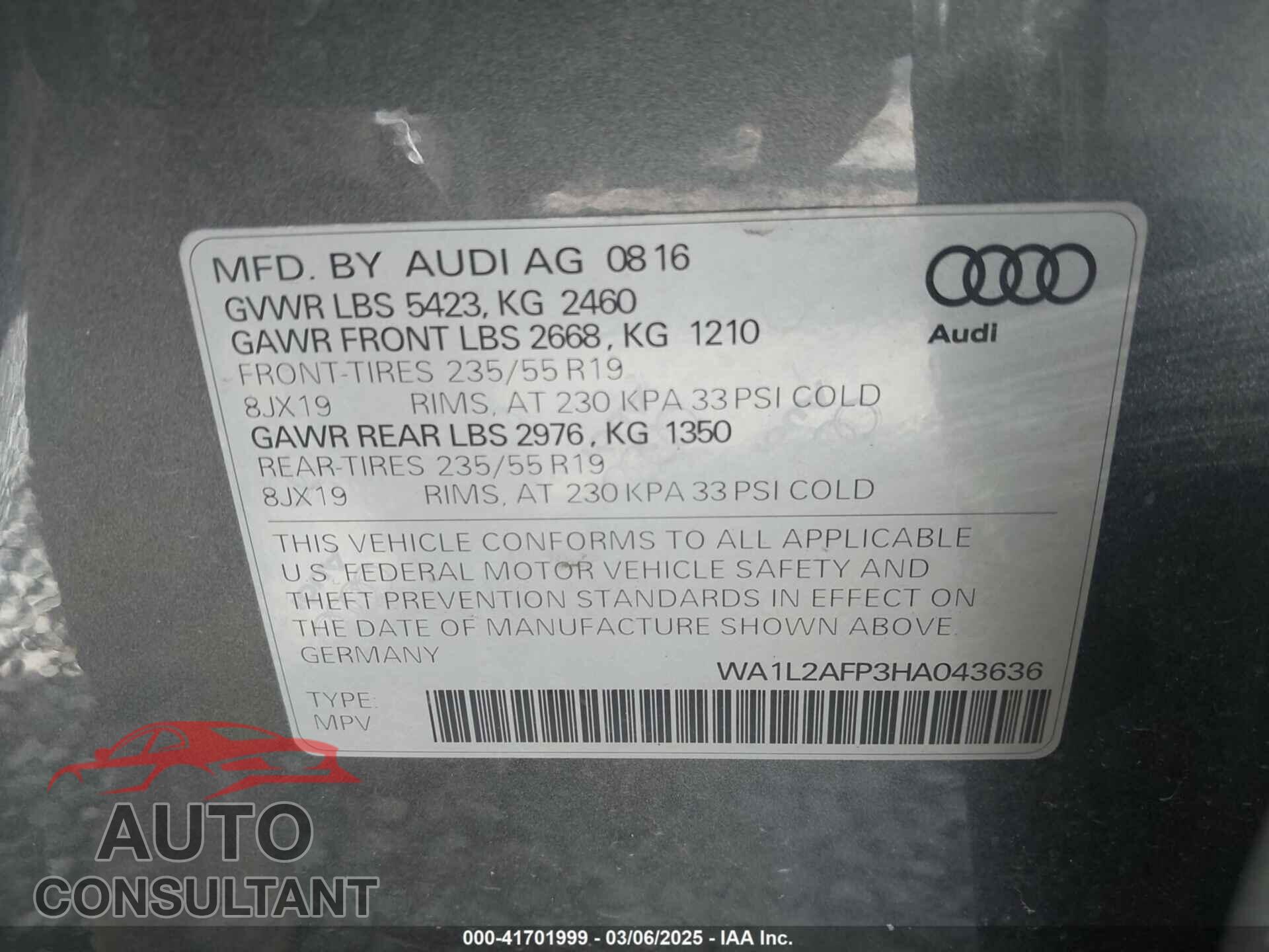 AUDI Q5 2017 - WA1L2AFP3HA043636
