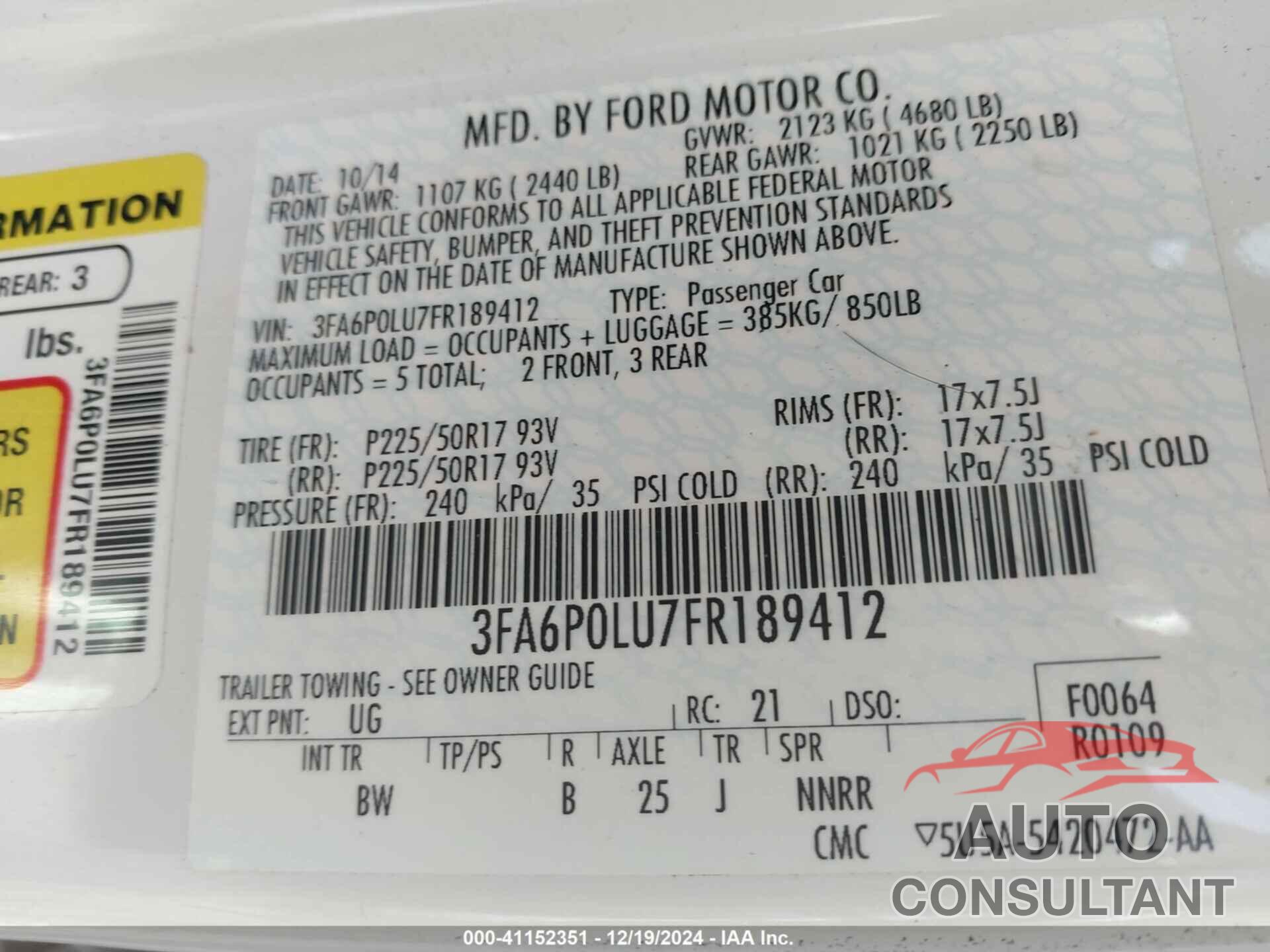 FORD FUSION HYBRID 2015 - 3FA6P0LU7FR189412