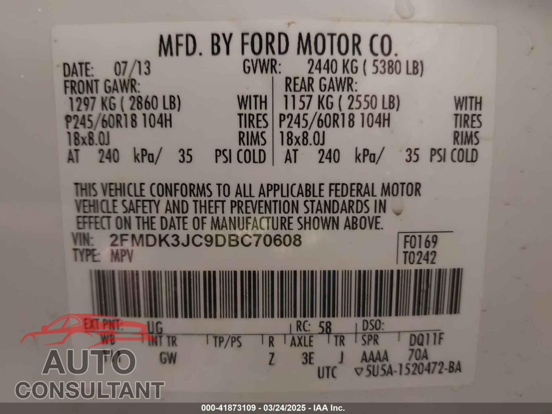 FORD EDGE 2013 - 2FMDK3JC9DBC70608