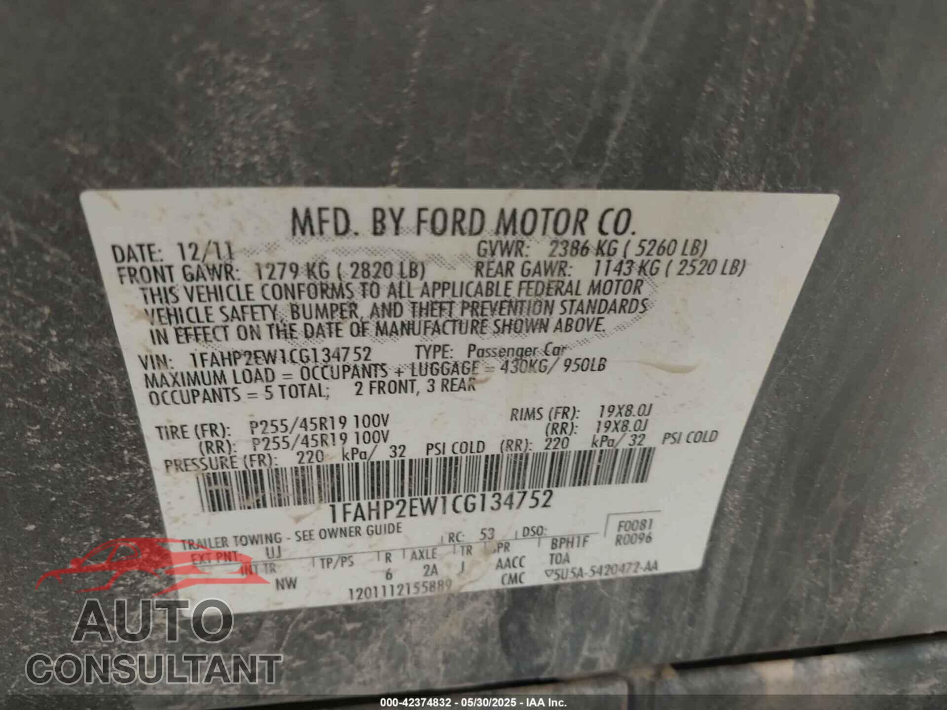 FORD TAURUS 2012 - 1FAHP2EW1CG134752