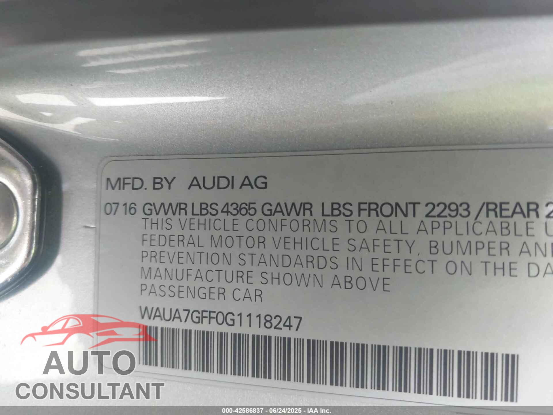 AUDI A3 2016 - WAUA7GFF0G1118247