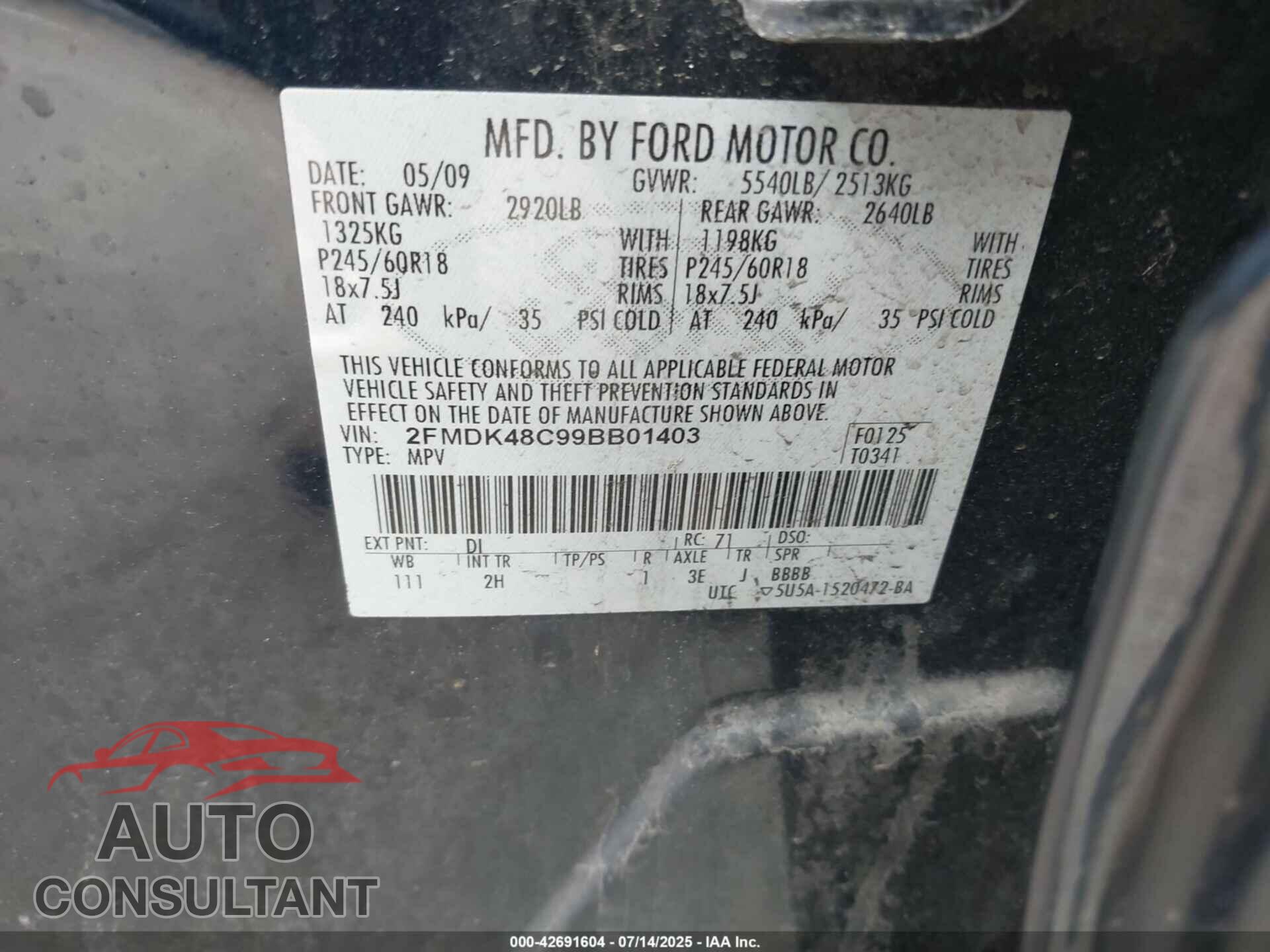 FORD EDGE 2009 - 2FMDK48C99BB01403