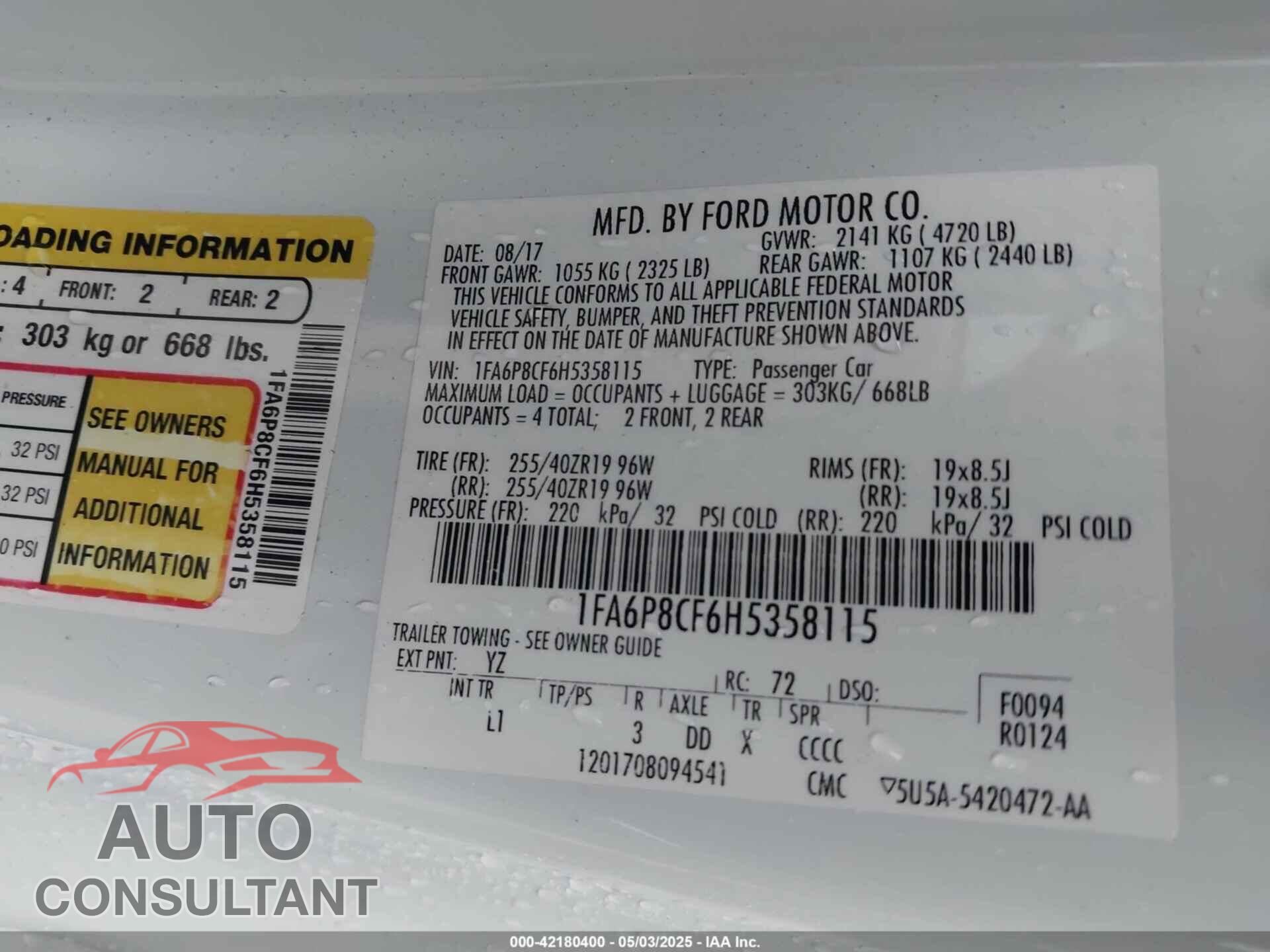 FORD MUSTANG 2017 - 1FA6P8CF6H5358115