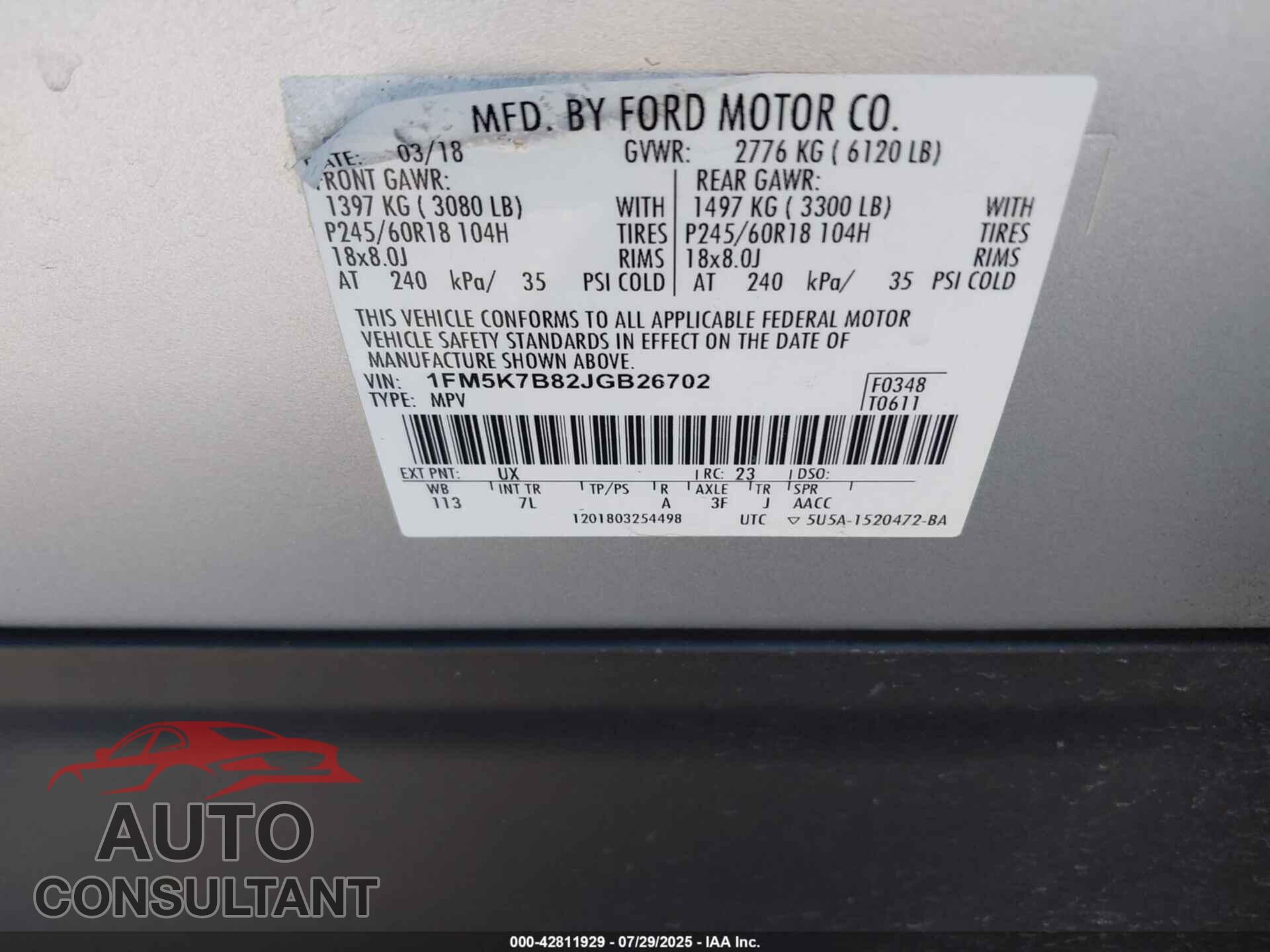FORD EXPLORER 2018 - 1FM5K7B82JGB26702