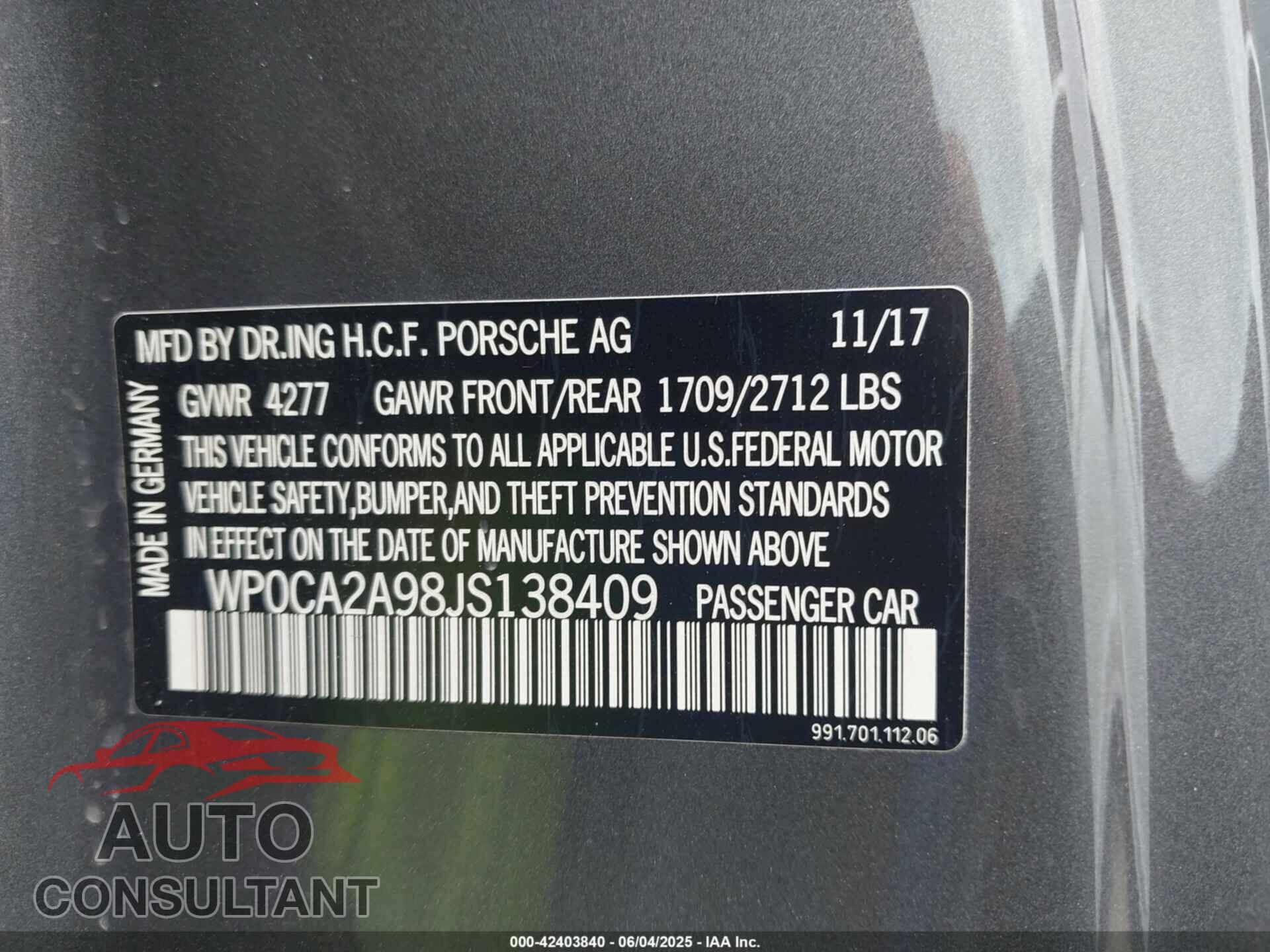 PORSCHE 911 2018 - WP0CA2A98JS138409