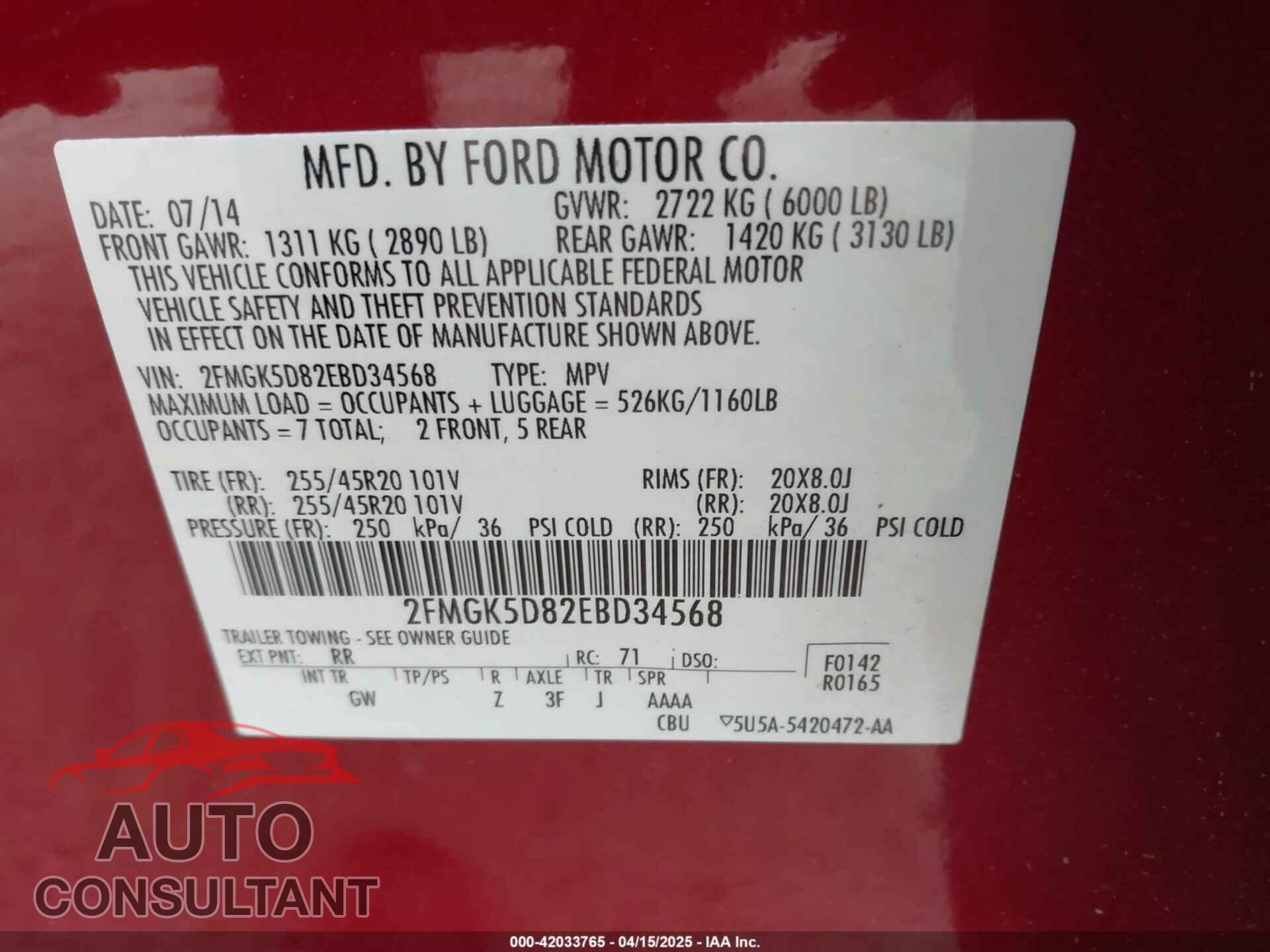 FORD FLEX 2014 - 2FMGK5D82EBD34568