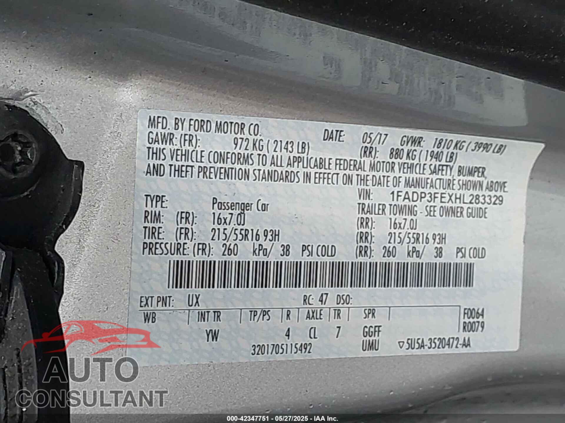 FORD FOCUS 2017 - 1FADP3FEXHL283329