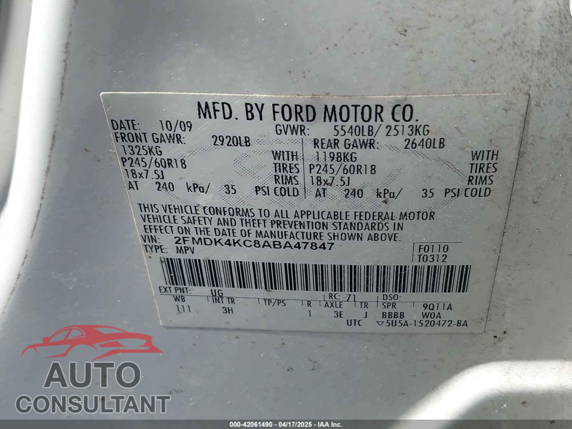FORD EDGE 2010 - 2FMDK4KC8ABA47847