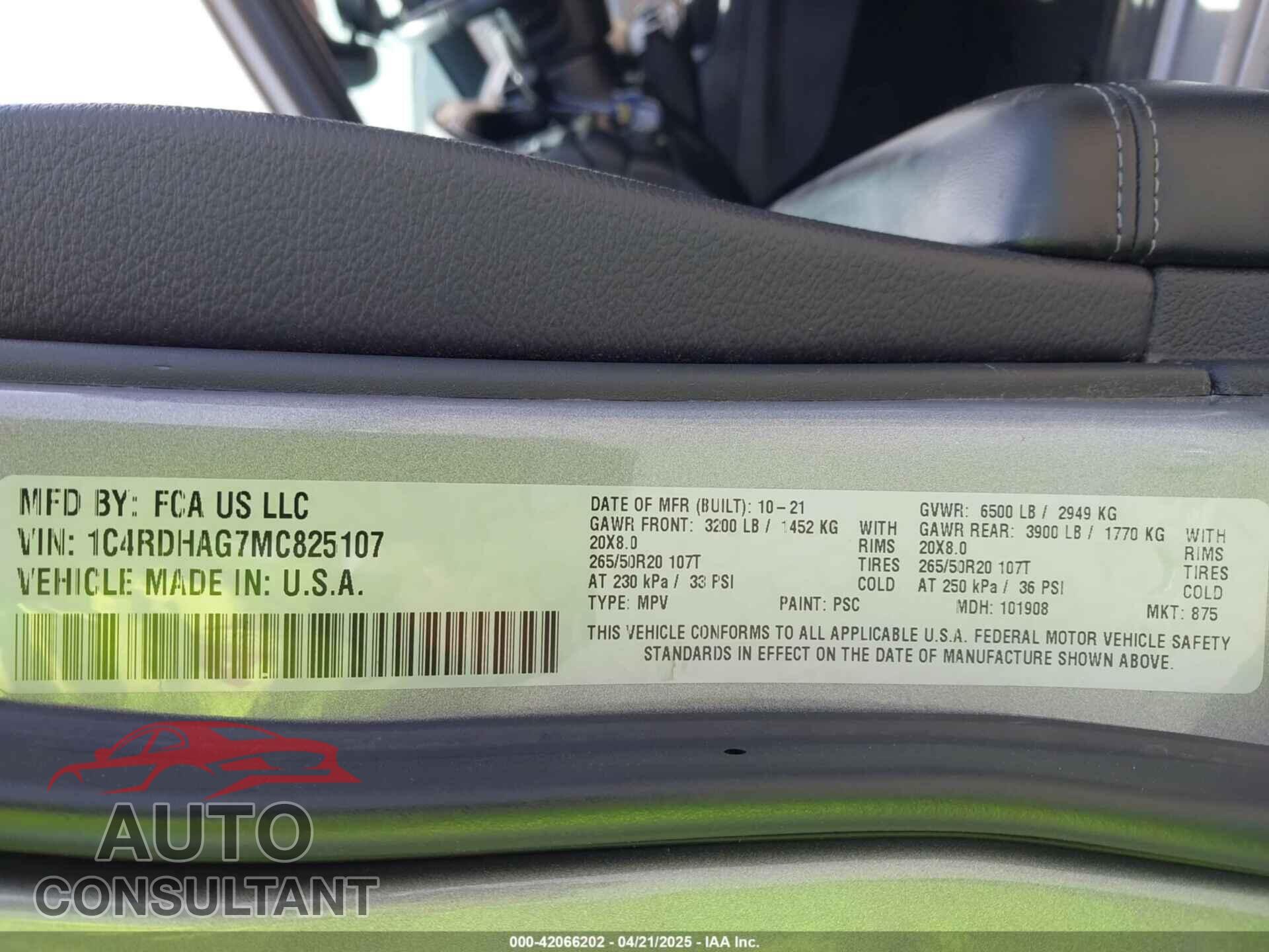 DODGE DURANGO 2021 - 1C4RDHAG7MC825107