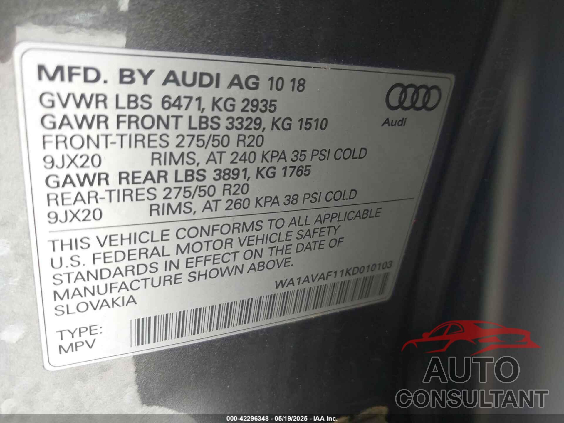 AUDI Q8 2019 - WA1AVAF11KD010103