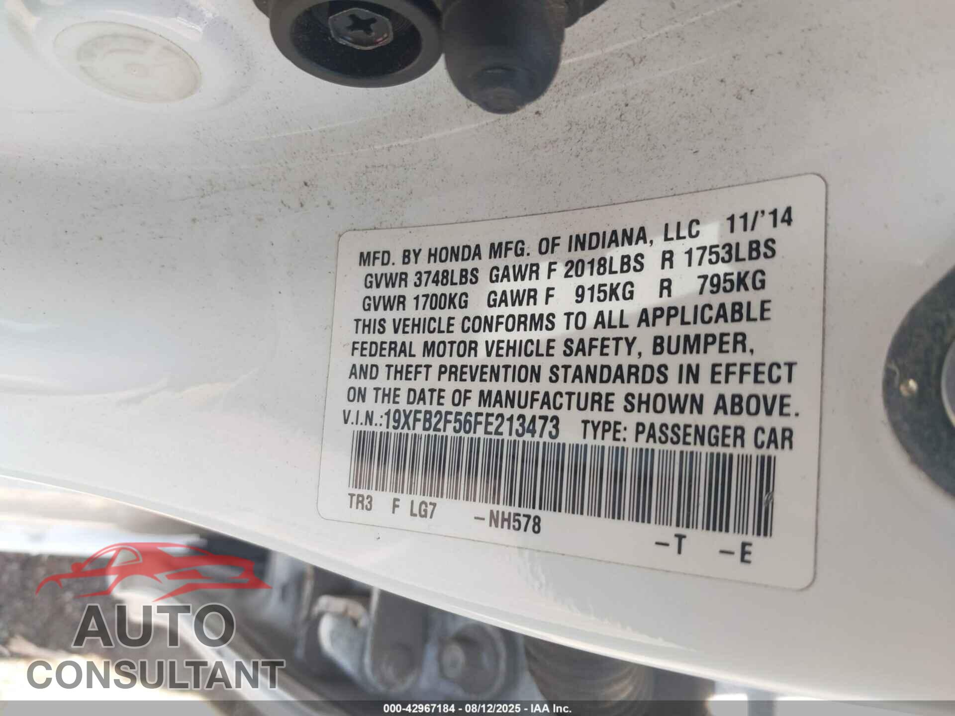 HONDA CIVIC 2015 - 19XFB2F56FE213473