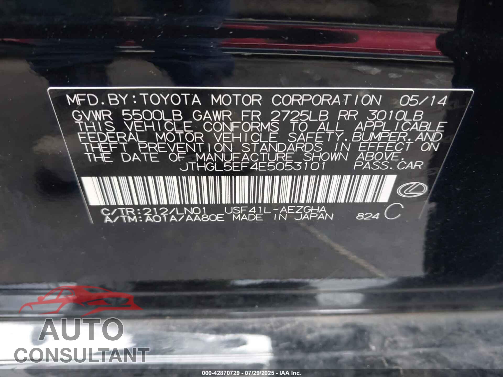 LEXUS LS 460 2014 - JTHGL5EF4E5053101