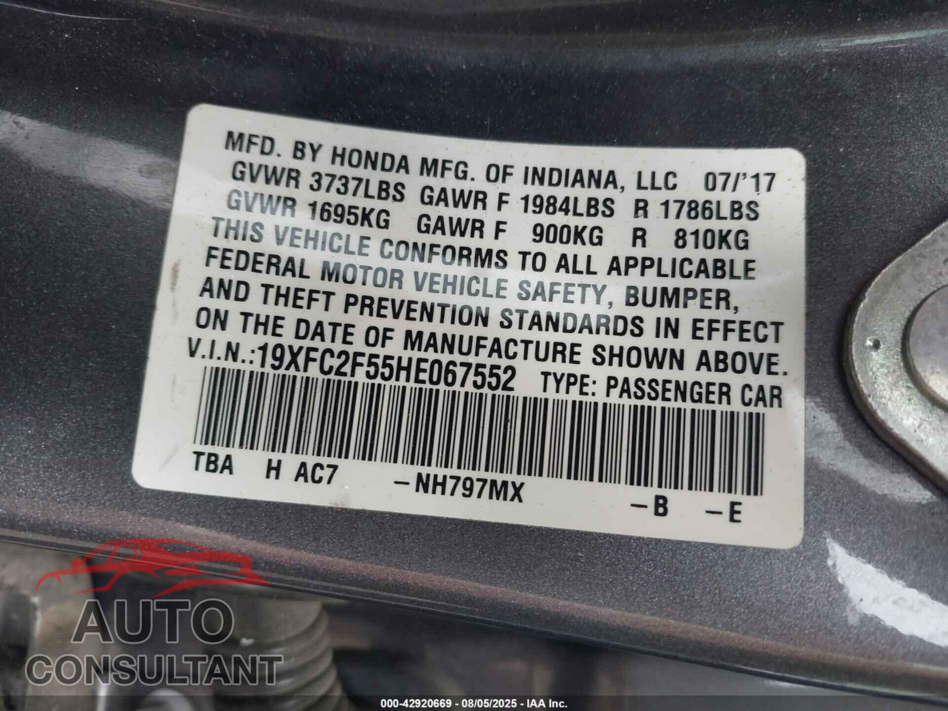 HONDA CIVIC 2017 - 19XFC2F55HE067552