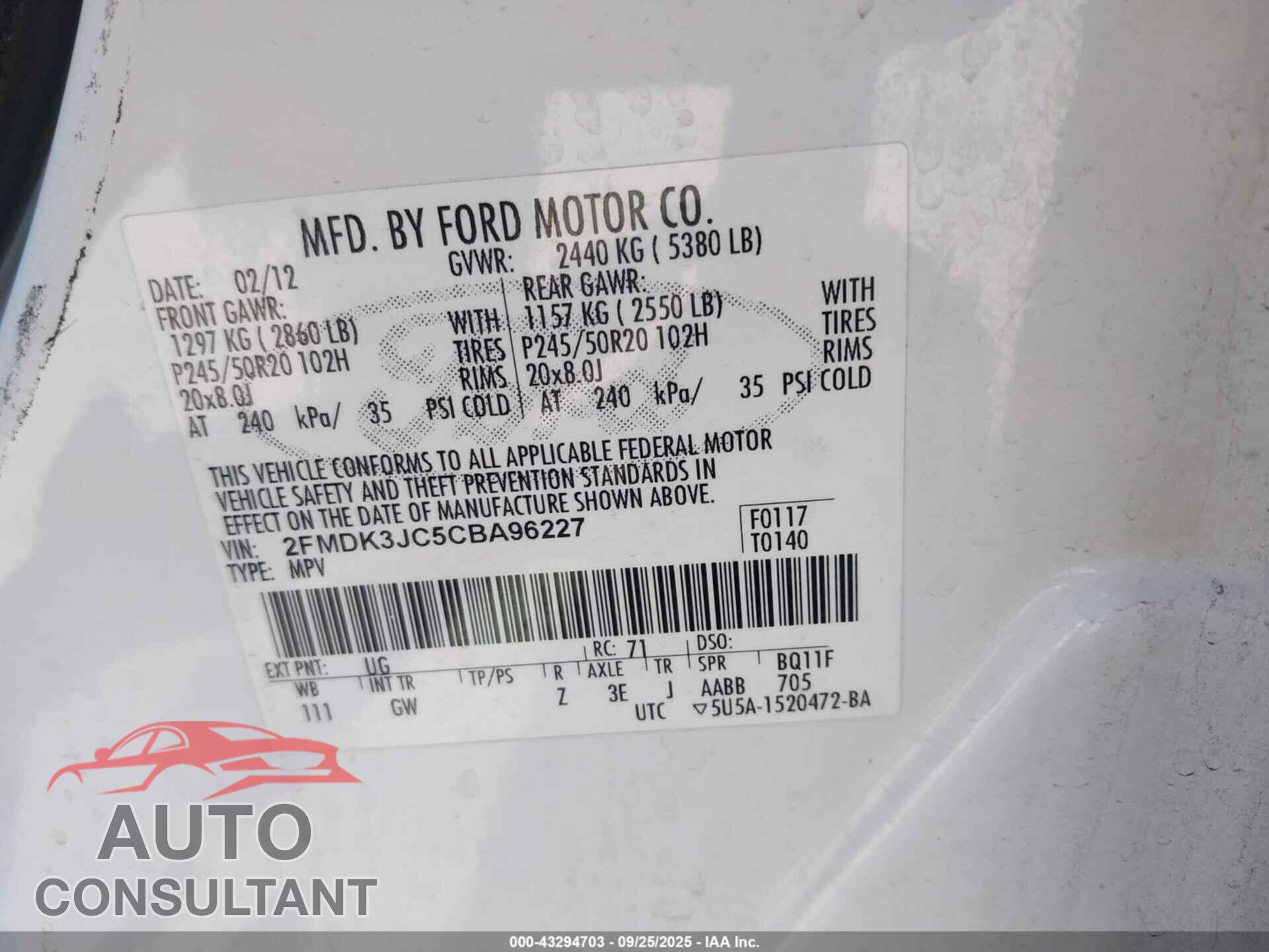 FORD EDGE 2012 - 2FMDK3JC5CBA96227