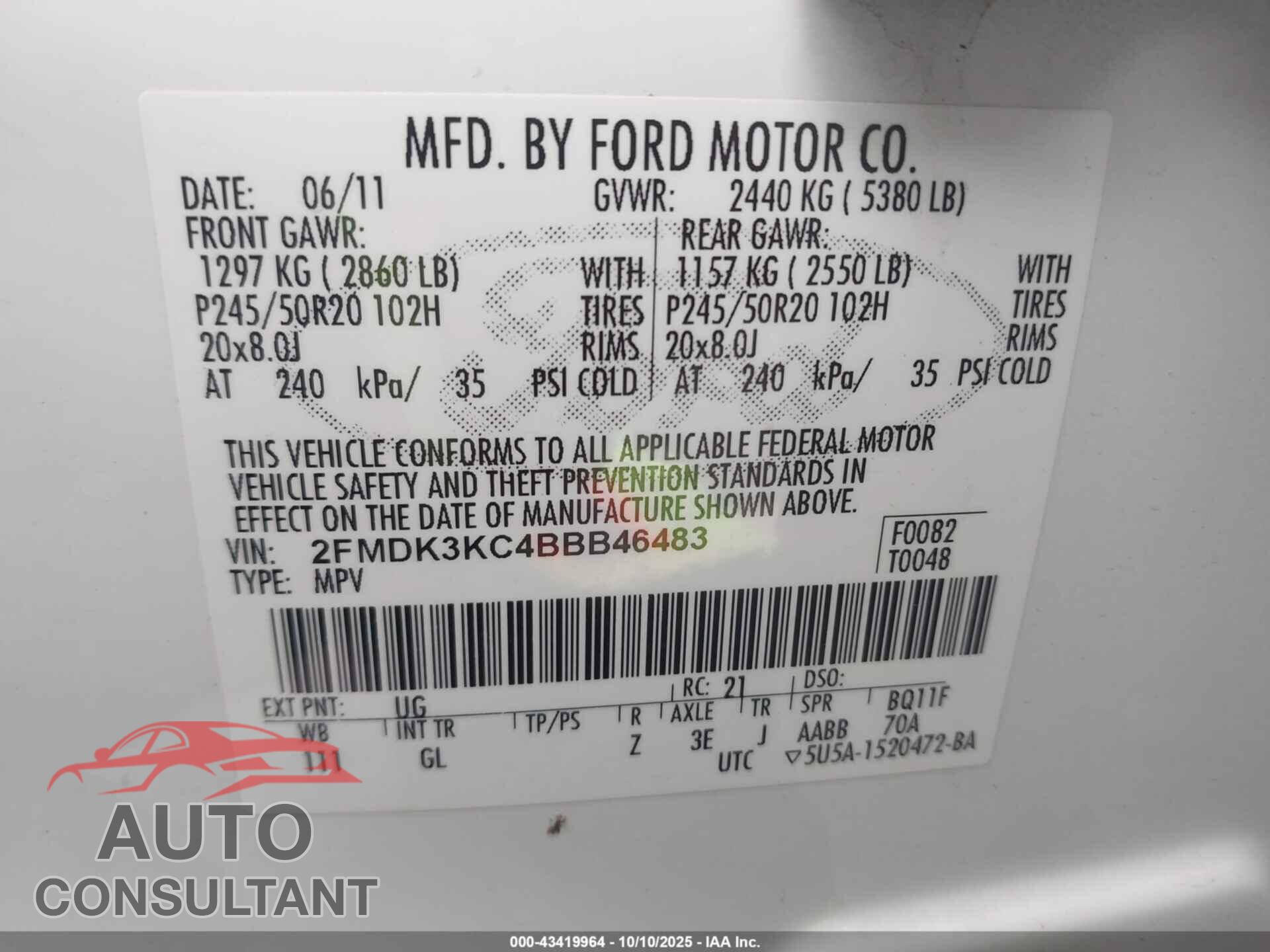 FORD EDGE 2011 - 2FMDK3KC4BBB46483