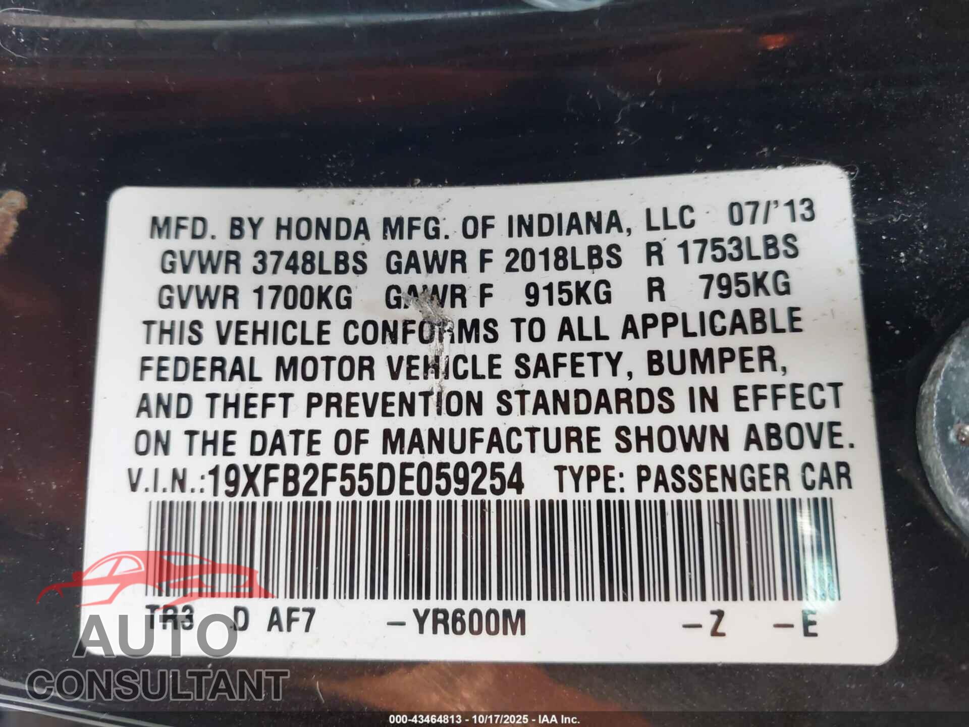 HONDA CIVIC 2013 - 19XFB2F55DE059254