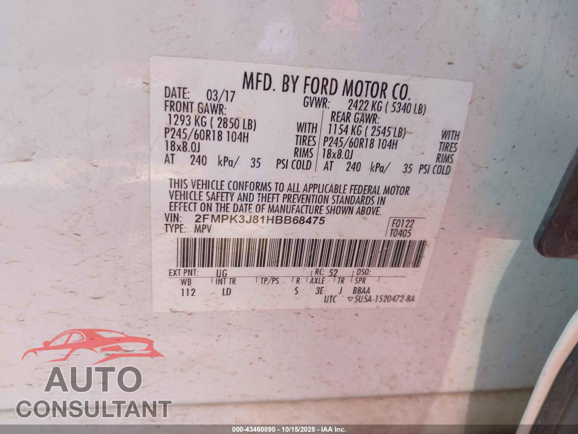 FORD EDGE 2017 - 2FMPK3J81HBB68475