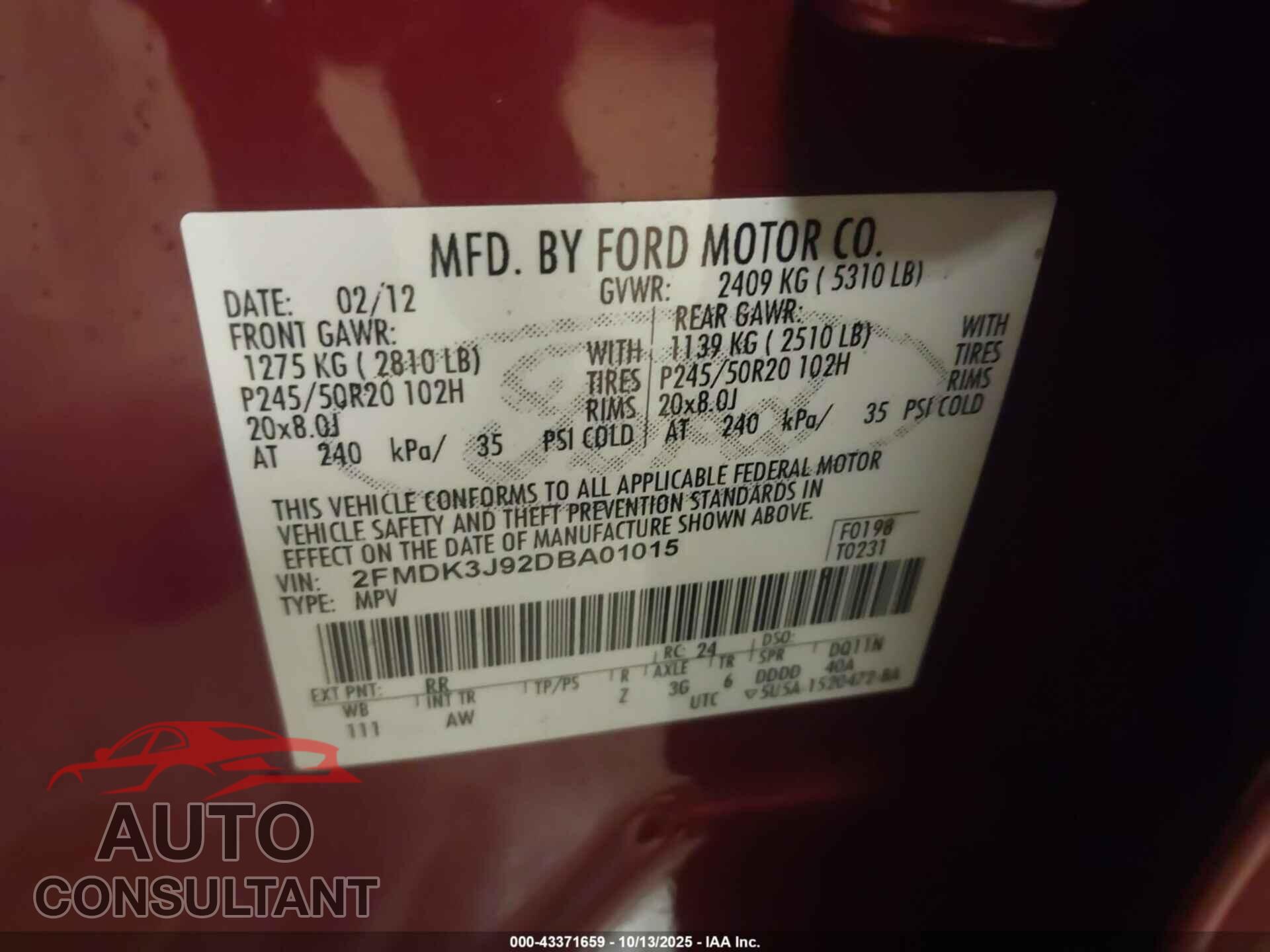 FORD EDGE 2013 - 2FMDK3J92DBA01015