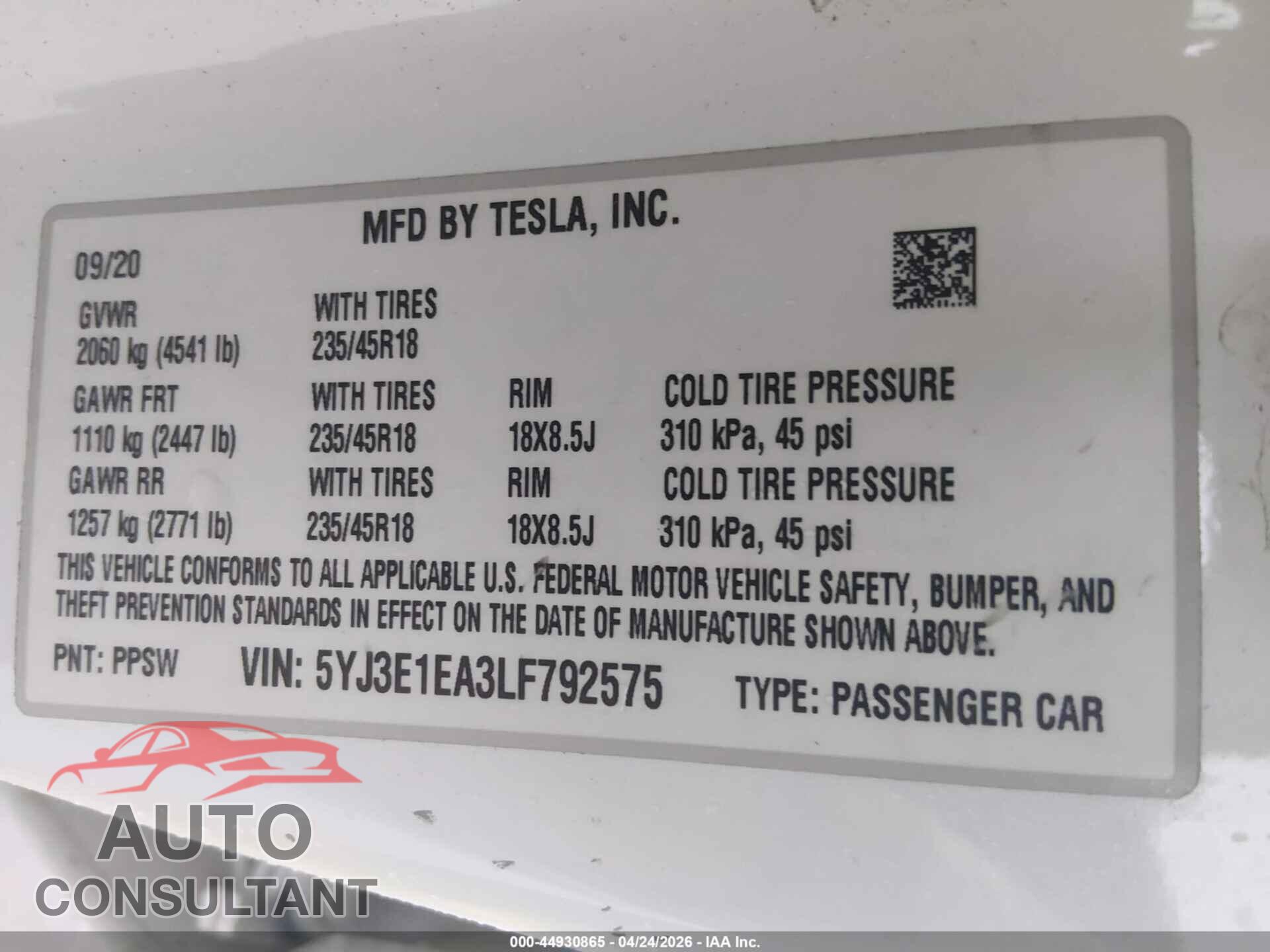 TESLA MODEL 3 2020 - 5YJ3E1EA3LF792575