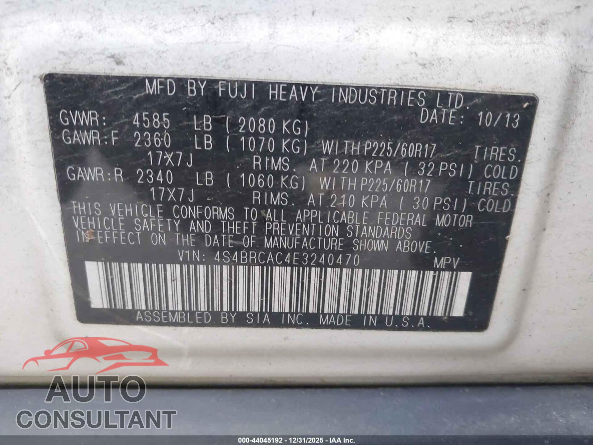 SUBARU OUTBACK 2014 - 4S4BRCAC4E3240470