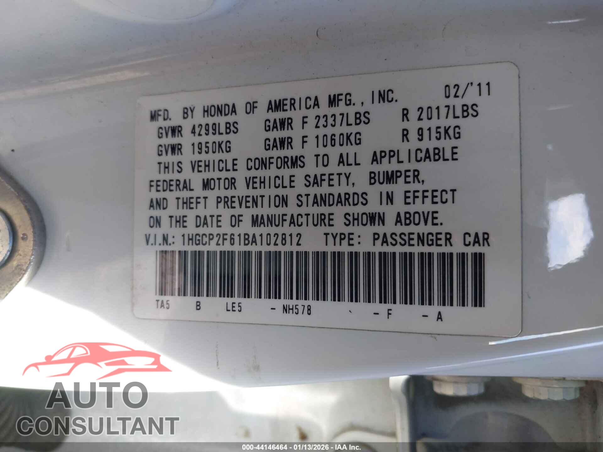 HONDA ACCORD 2011 - 1HGCP2F61BA102812